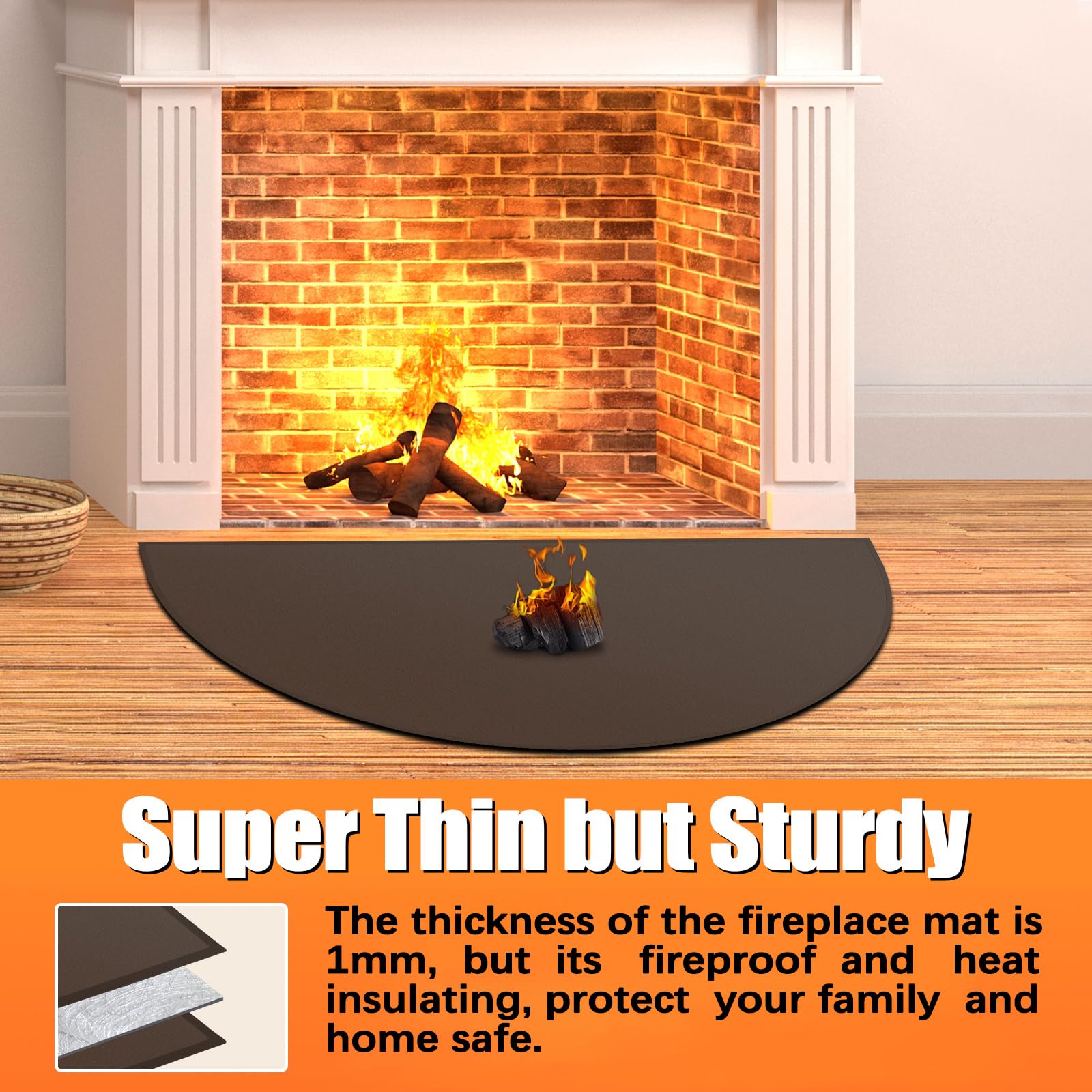 TOHONFOO Fireplace Mat, Fire Resistant Hearth Rug, 48"x28", Brown, Silicone Coated Fiberglass, Indoor/Outdoor Use