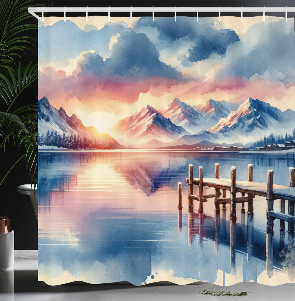 Ambesonne Lake Shower Curtain, Pastel Colors Landscape With Clouds Sunset Sky Mountains Serene Winter Pier, Cloth Fabric Bathroo