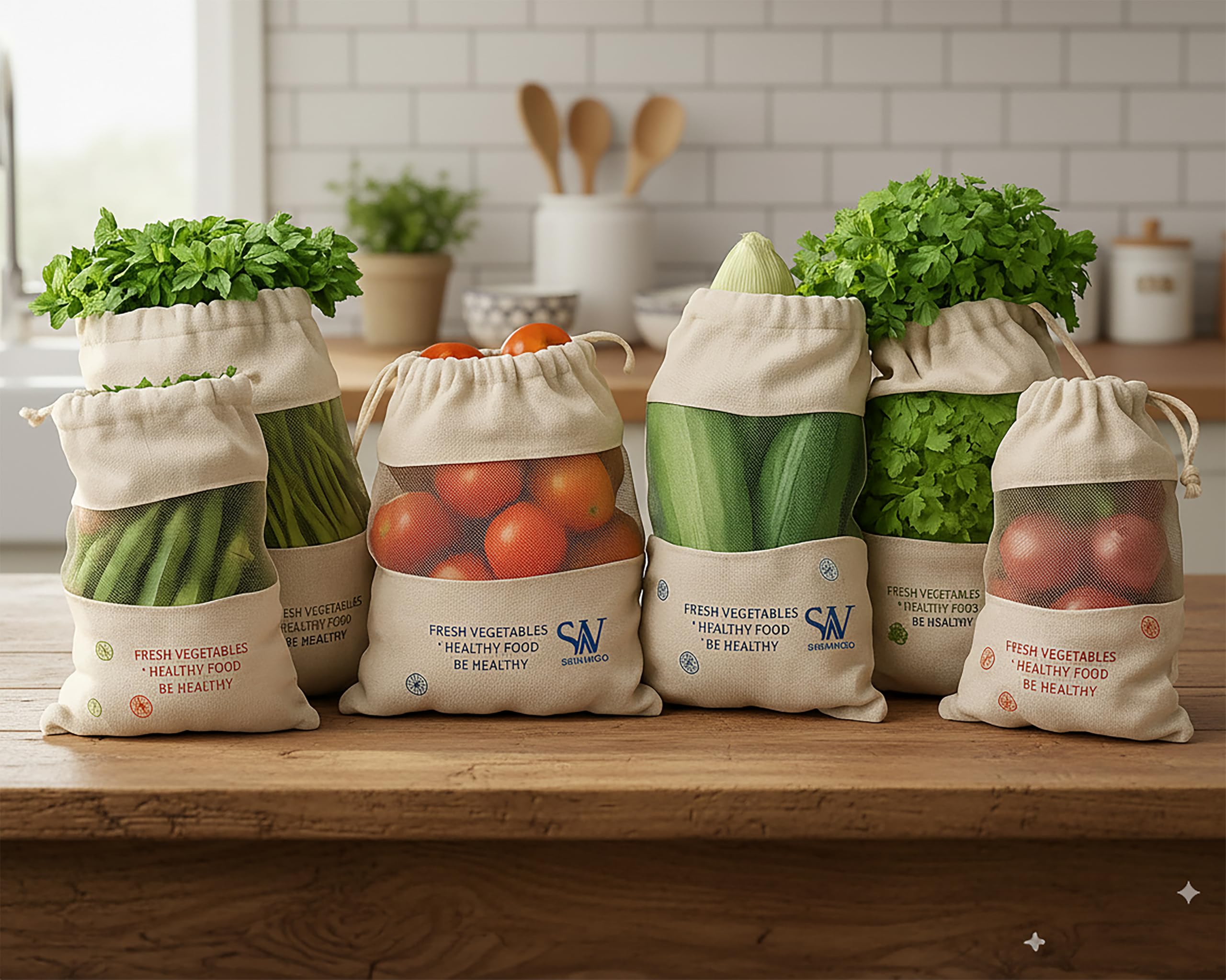 Skinwoo Set Of 6 Organic Cotton Reusable Vegetable Bag For Fridge, Eco Friendly Storage Bags, 11 X 13 Inch For Fruits, Vegetable