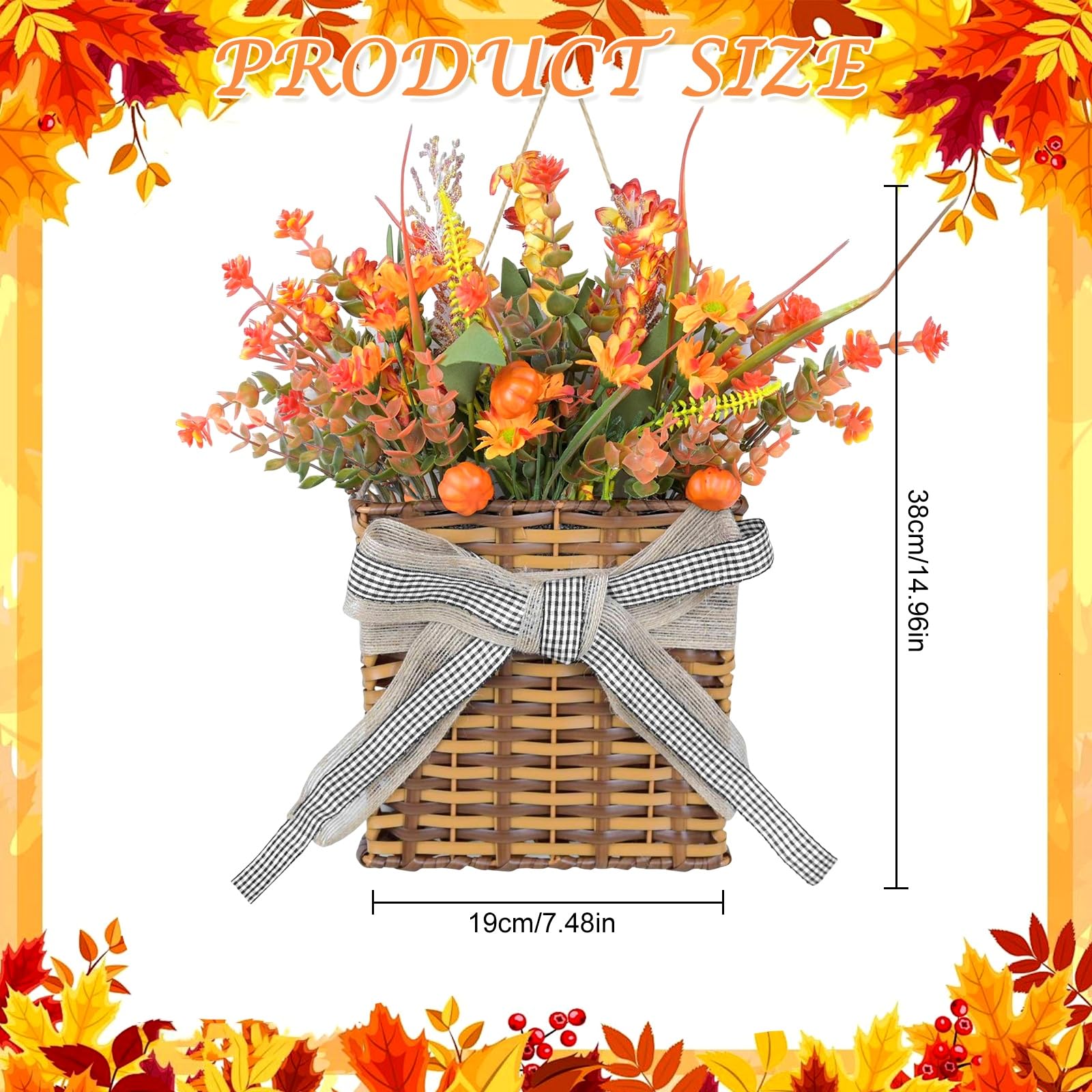 Thanksgiving Fall Door Hanger Basket Wreath Orange Pumpkin Wreath, Artificial Autumn Pumpkin Wreaths with Mixed Leaves Sunflower