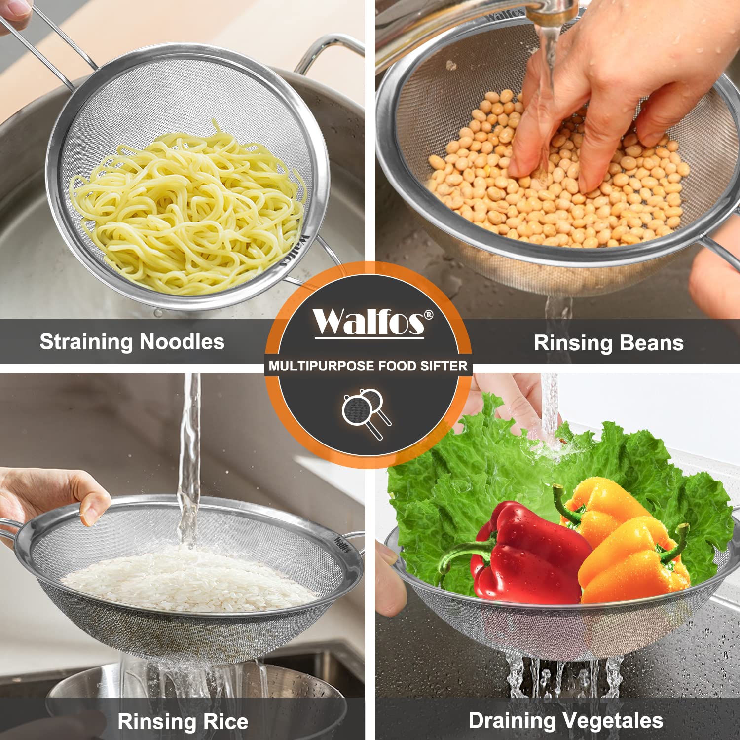 Walfos 8 Inch Fine Mesh Strainer, Premium Stainless Steel Colanders And Sifters, With Reinforced Frame And Sturdy Handle, Perfec