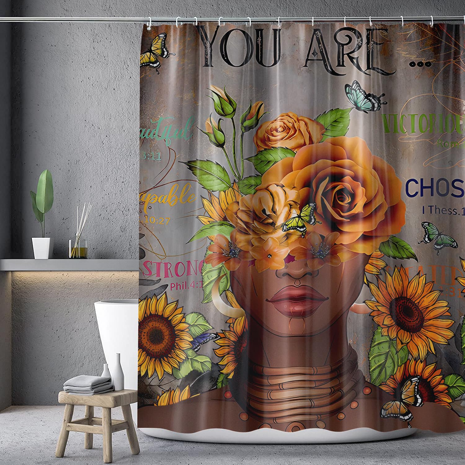 African Woman Shower Curtain Afro American Black Girl Shower Curtain Rose Sunflower Shower Curtains Inspirational Quotes Waterpr