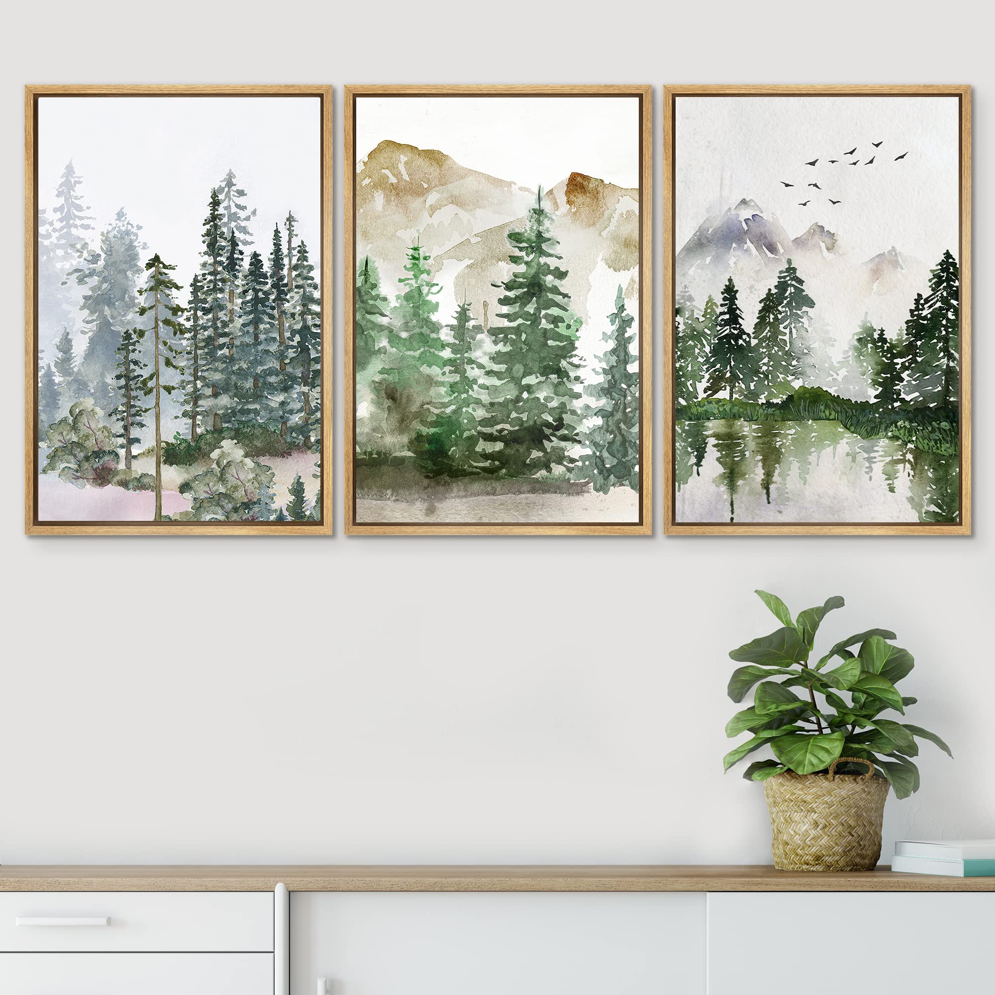 Signwin Framed Canvas Print Wall Art Set Pastel Mountain Range Forest Mist Nature Wilderness Illustrations Modern Art Decorative