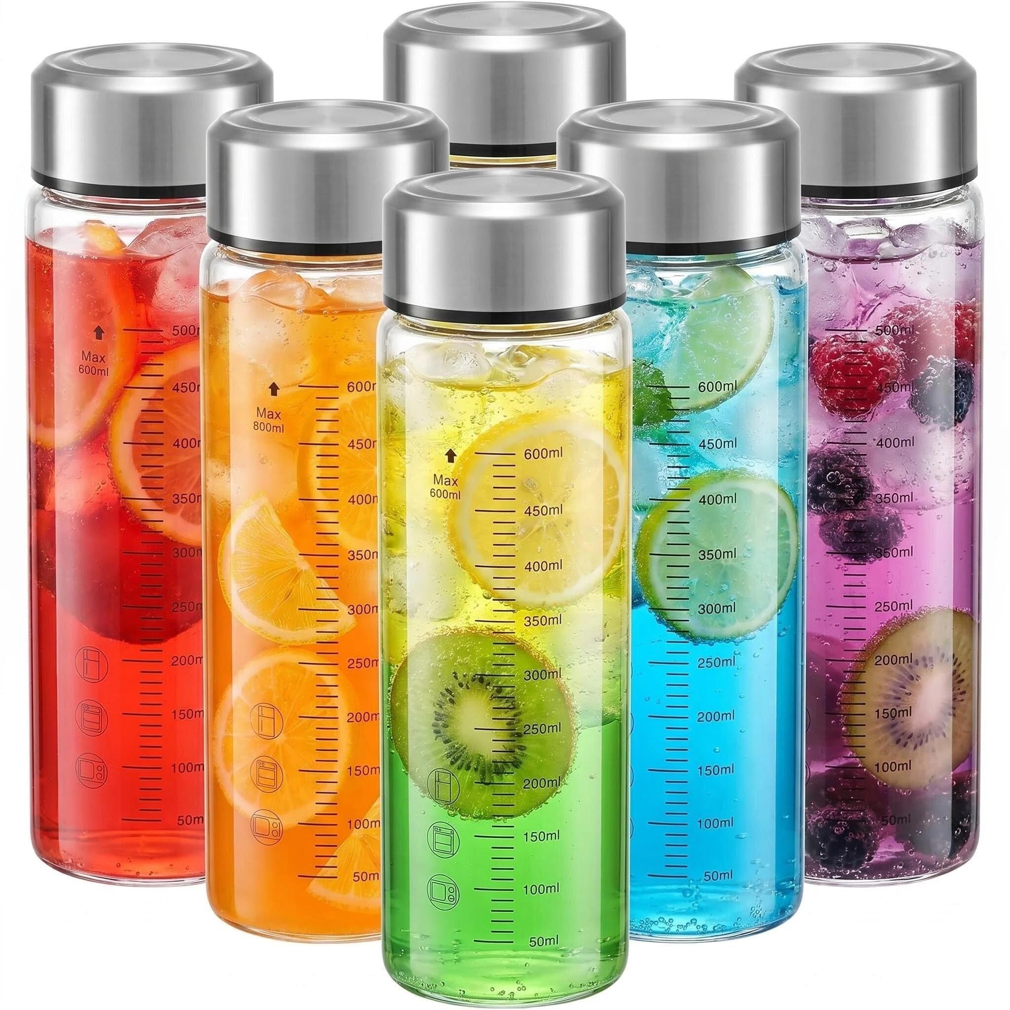 Wopgrty 6 Pack 20oz glass juice bottles with lids, Wide Mouth Borosilicate Glass Water Bottles,Reusable Drinking Jars w Scale, T