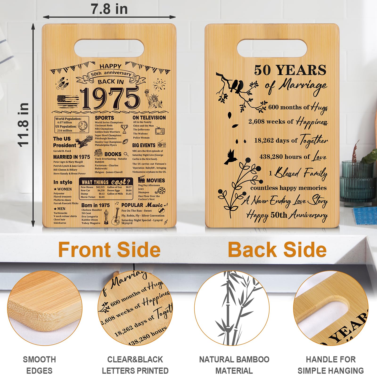 50th Wedding Anniversary for Women Men,Back In 1975&50 Years of Marriage Double sided Cutting Board Gift for Her Him,best 50 yea