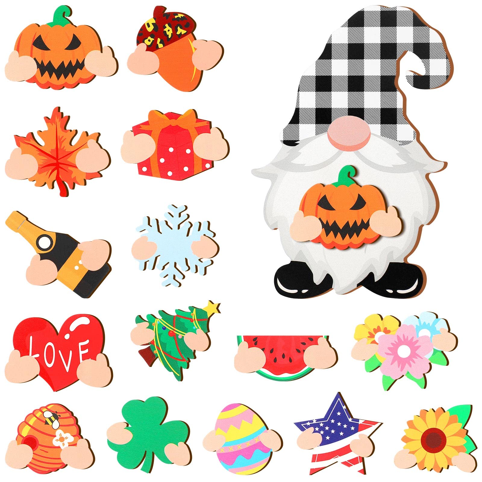 Blulu Interchangeable Wooden Gnome Decor Fall Halloween DIY Holiday Seasonal Tiered Tray Decoration with Magnet Pieces Detachabl