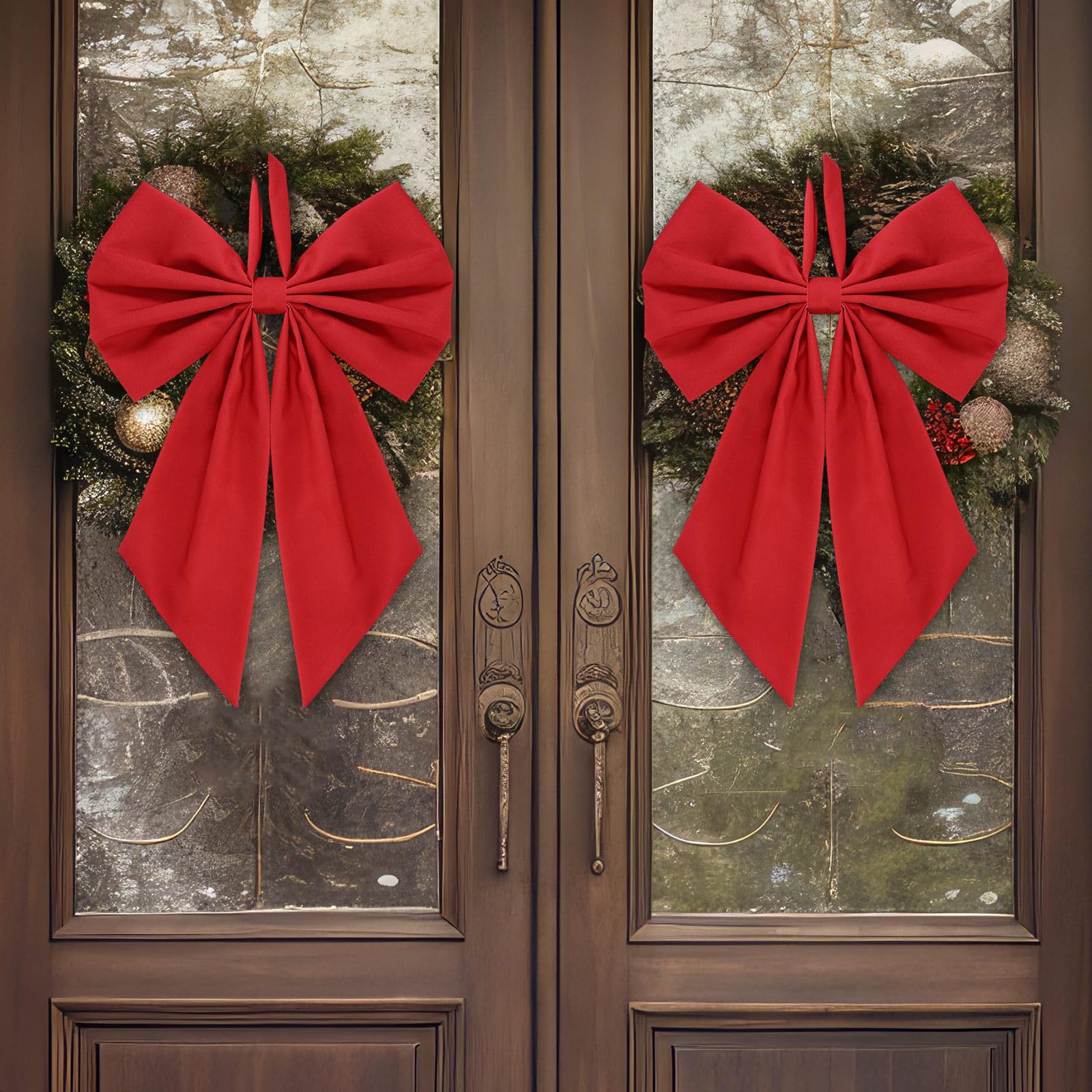 Suncalla 2 Pcs Red Christmas Wreath Bow 19.6 x 11.8 Large Burlap Wreath Sash Christmas Tree Topper Ornament Bow for Front Do