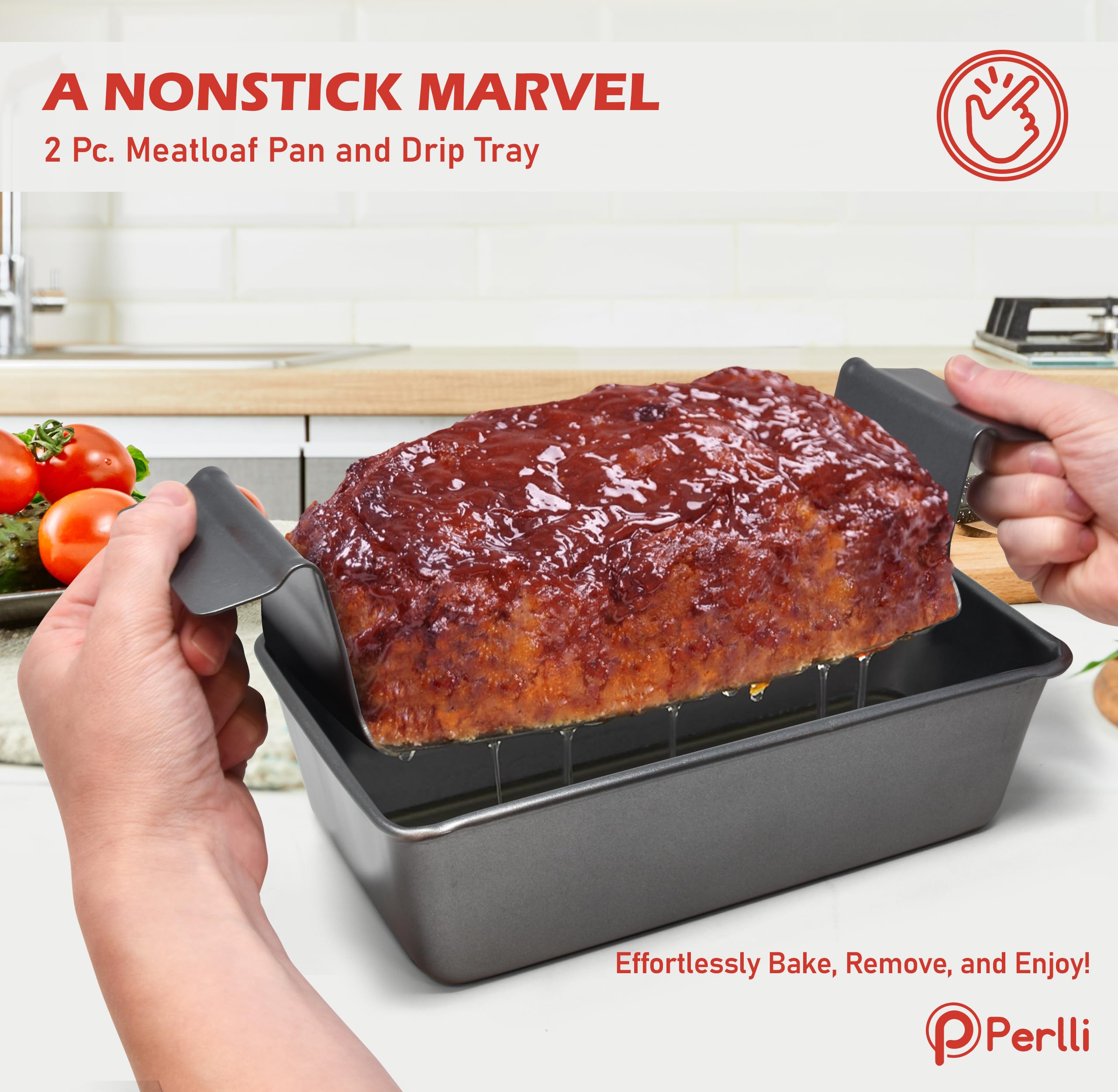 PERLLI Nonstick Meat Loaf Pan Set with Drip Tray, High-Carbon Steel, 9.8 x 5.7 In., Gray, BPA-Free, Ideal for Baking & Ro