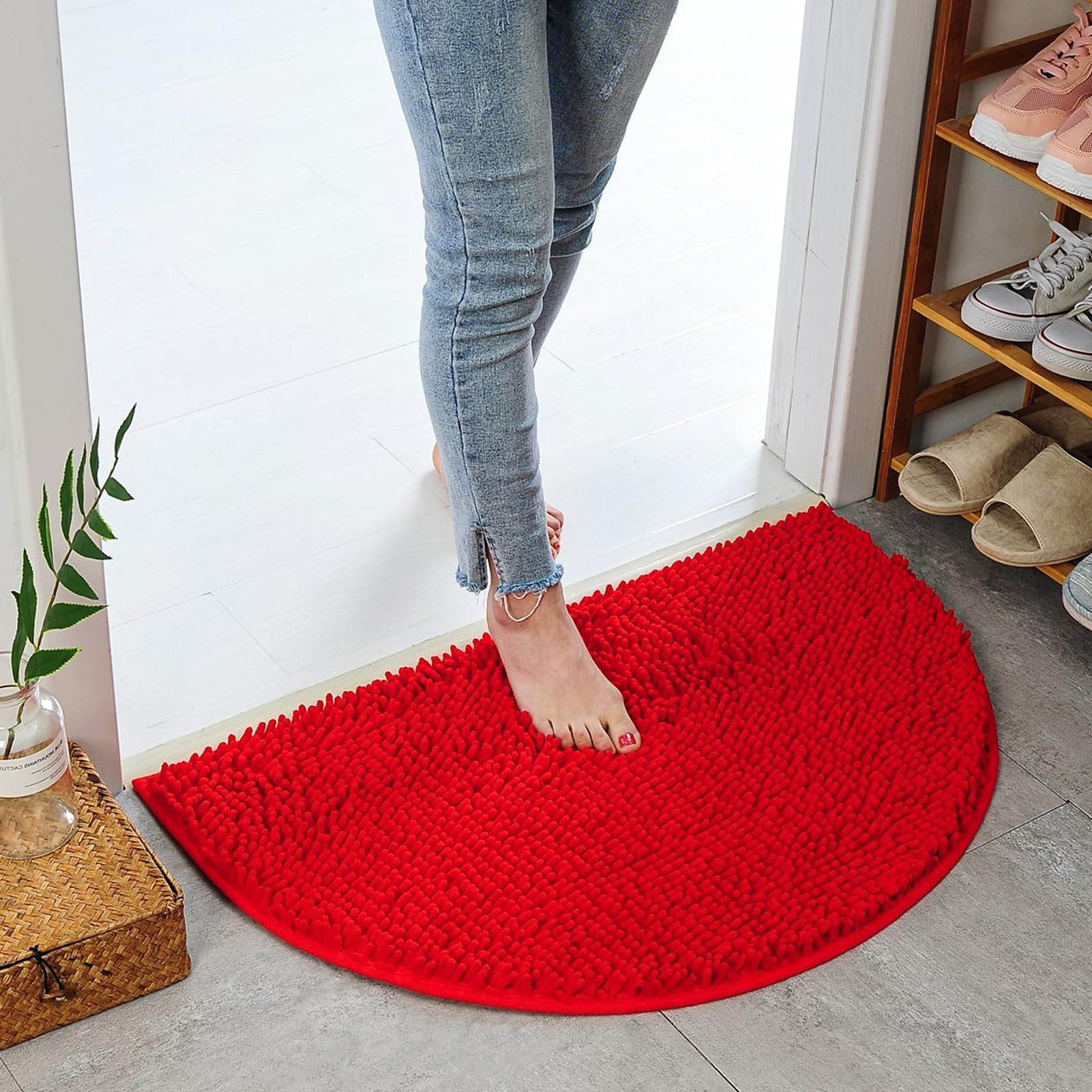Eanpet Half Round Bath Mat Non-Slip Red Bathroom Rugs Semicircle Chenille Bath Rugs Water Absorbent Floor Mats For Kids Ultra So