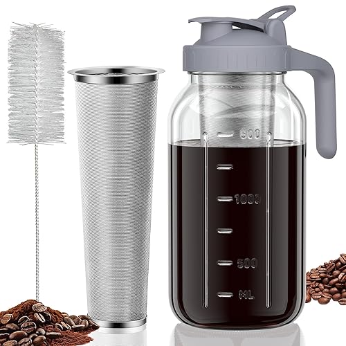 JunVpic Cold Brew Coffee Maker Jar - 64oz Thick Glass Multipurpose Mason Pitcher Spout Lid with Handle & Stainless Steel Filter for Iced Coffee  Lemonade  Ice Tea  Homemade Fruit Drinks Container