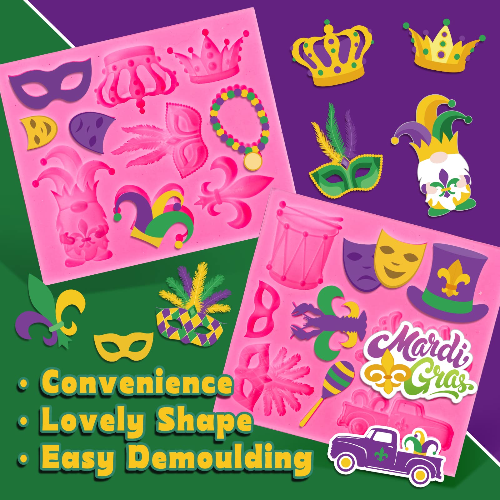 Whaline 2Pcs Mardi Gras Fondant Molds Masquerade Mask Fleur-De-Lis Crown Feather Mask Pattern 3D Silicone Mould Carnival Cupcake