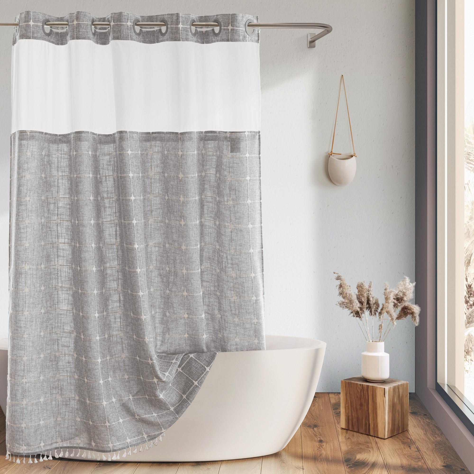 Farmhouse Shower Curtain With Snap-In Liner, No Hooks Needed Fabric Shower Curtains With Tassels For Rustic Bathroom Decor, With