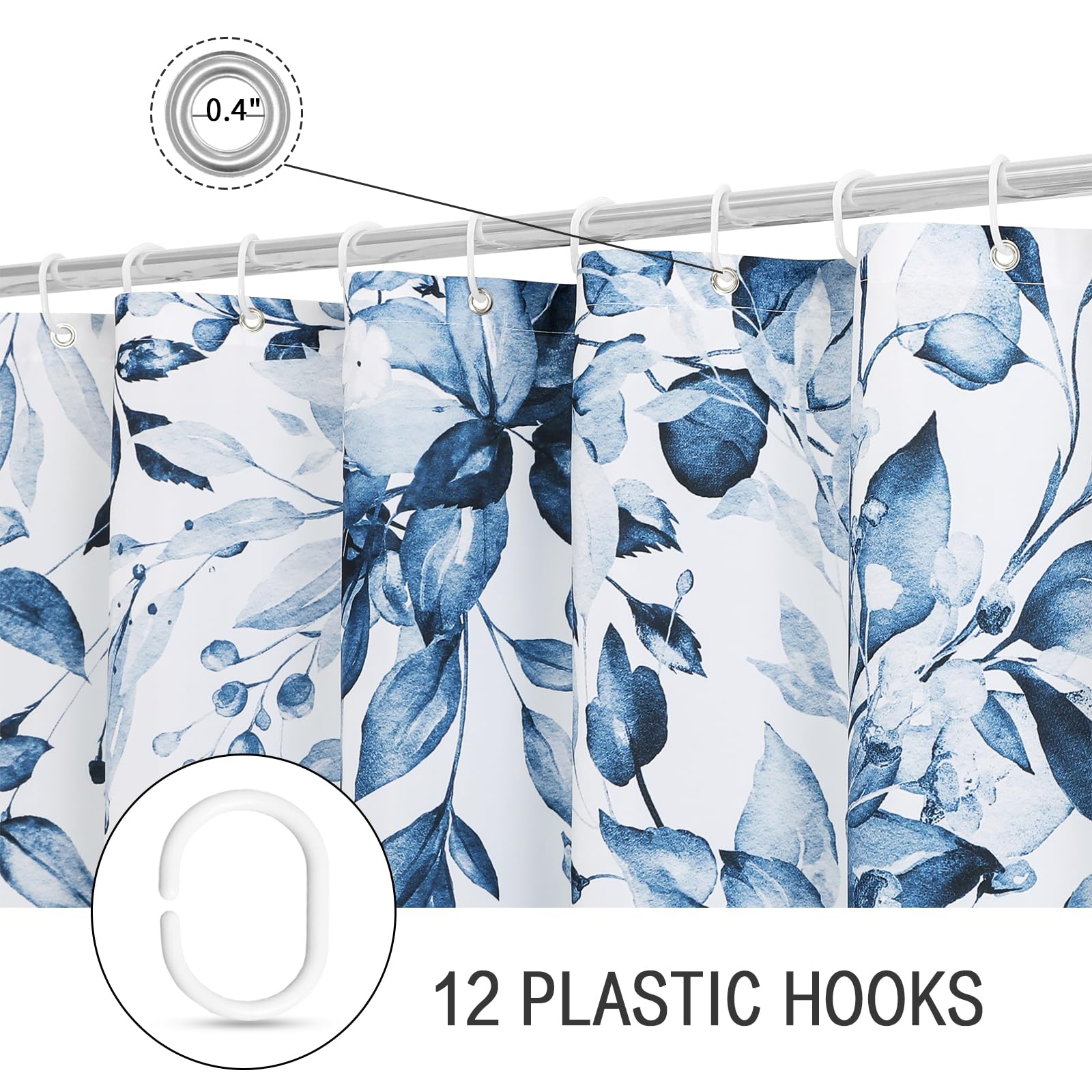 Gibelle Navy Blue Eucalyptus Shower Curtain, Watercolor Plant Leaves With Floral Bathroom Shower Curtain Set With Hooks, 72X72