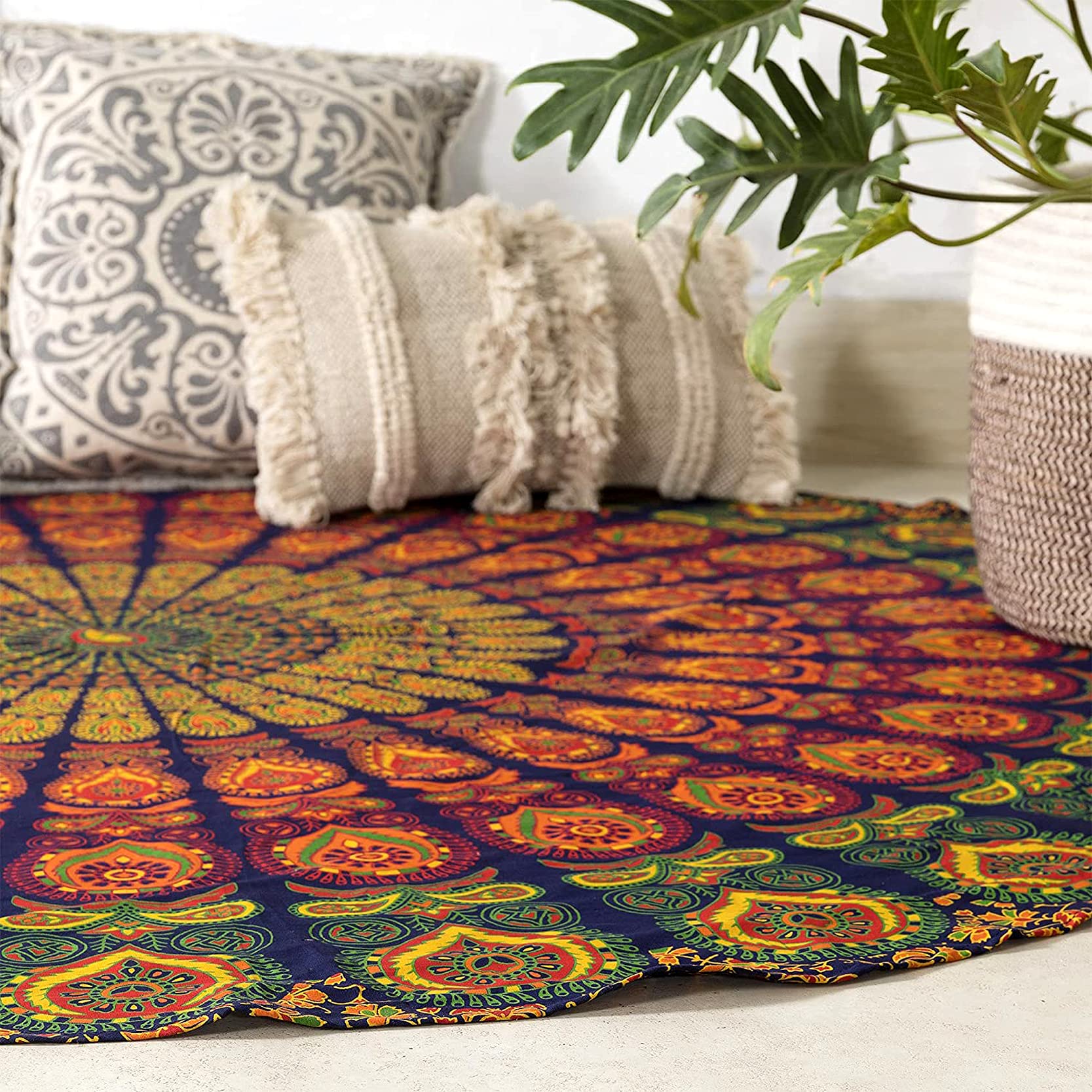 Raajsee Yellow Mandala Round Beach Tapestry Hippie/Boho Beach Blanket/Indian Cotton Throw Bohemian Round Table Cloth/Aesthetic T