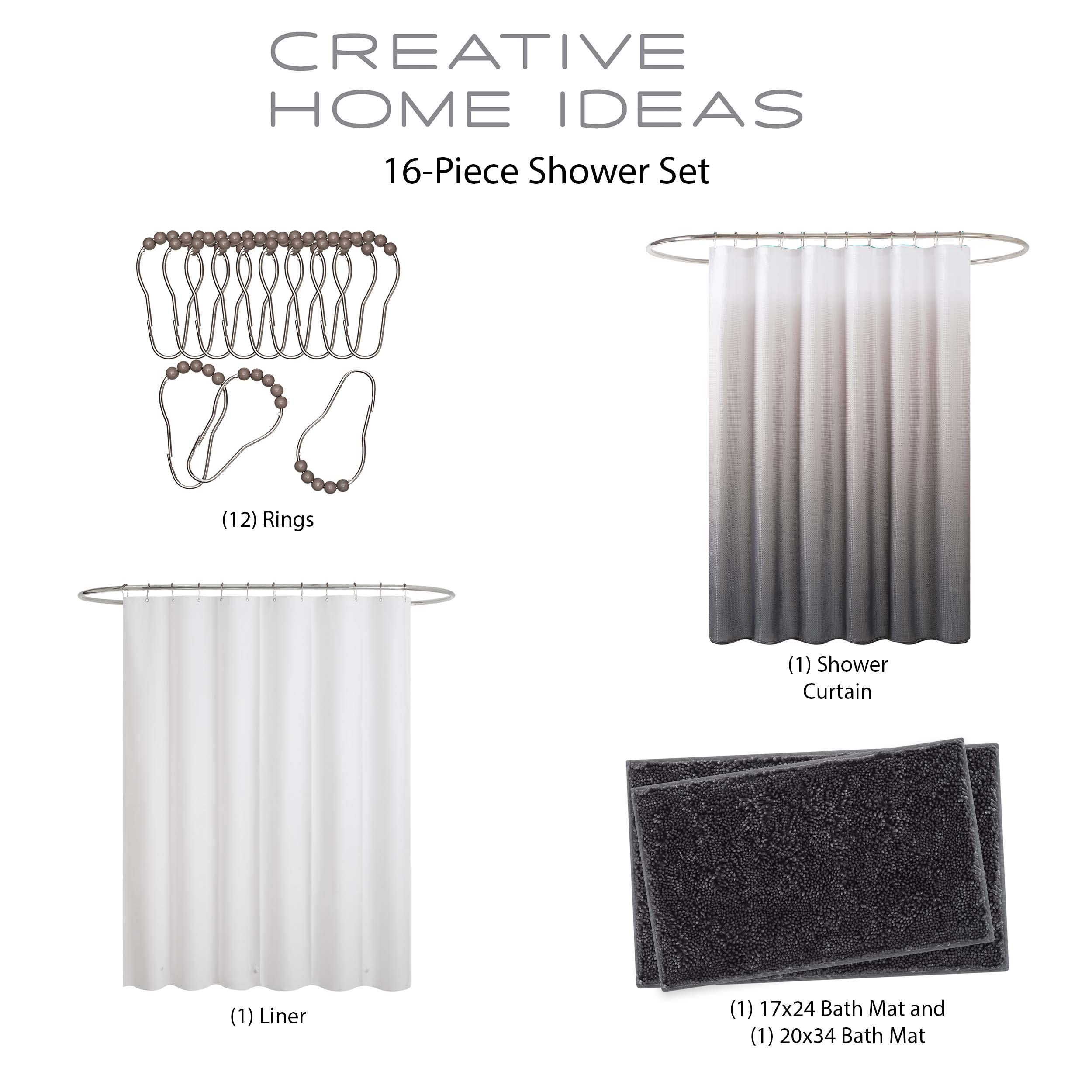 Creative Home Ideas - Ombre Bathroom Decor Set | 16 Pieces | Includes Shower Curtain, Liner, 2 Chenille Bathmats And 12 Hooks |