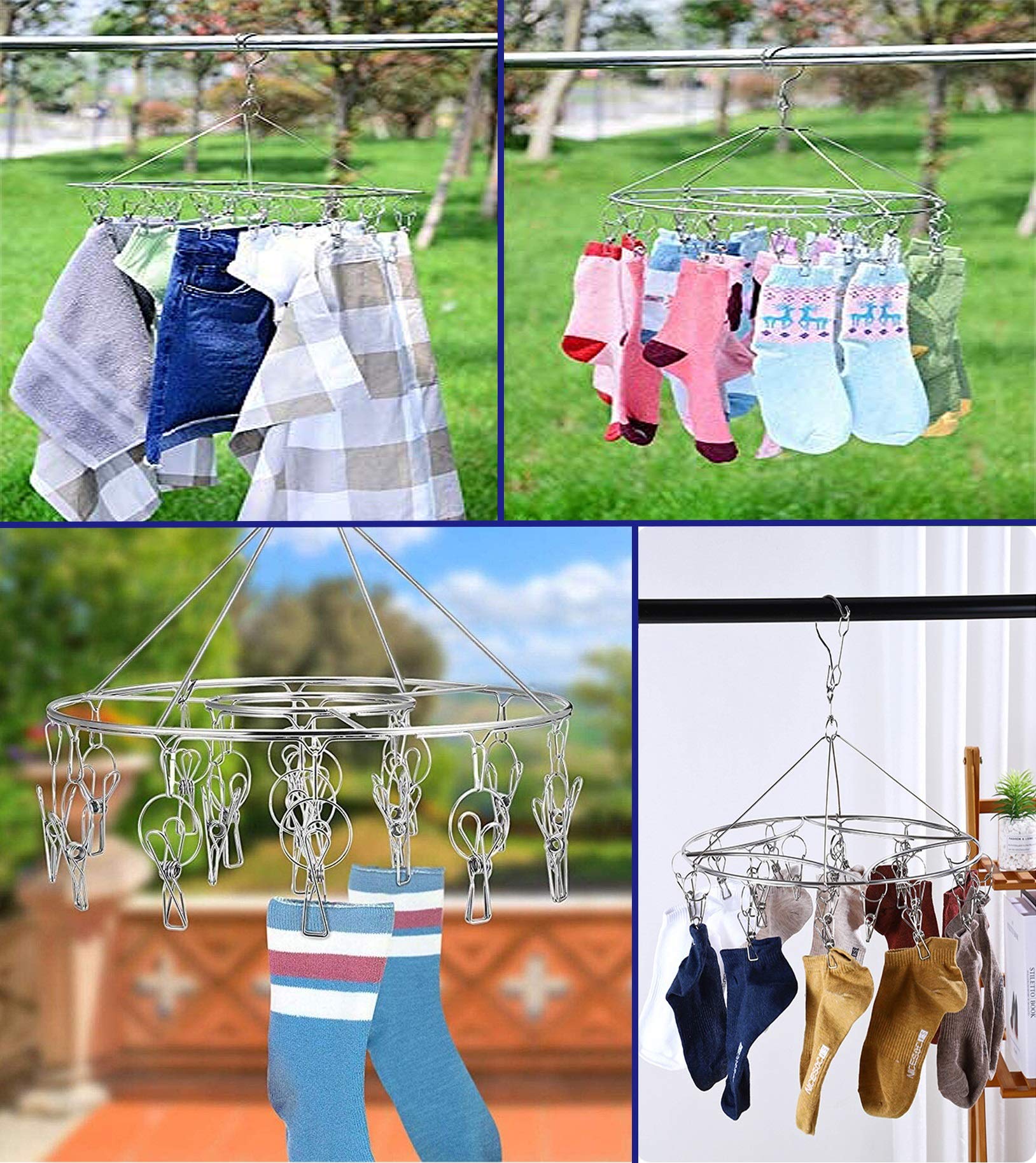 CenYouful Stainless Steel Round Hanging Drying Rack with 20 Clips for Drying Socks  Baby Clothes  Bras  Towel  Underwear  Hat  Scarf  Pants  Gloves