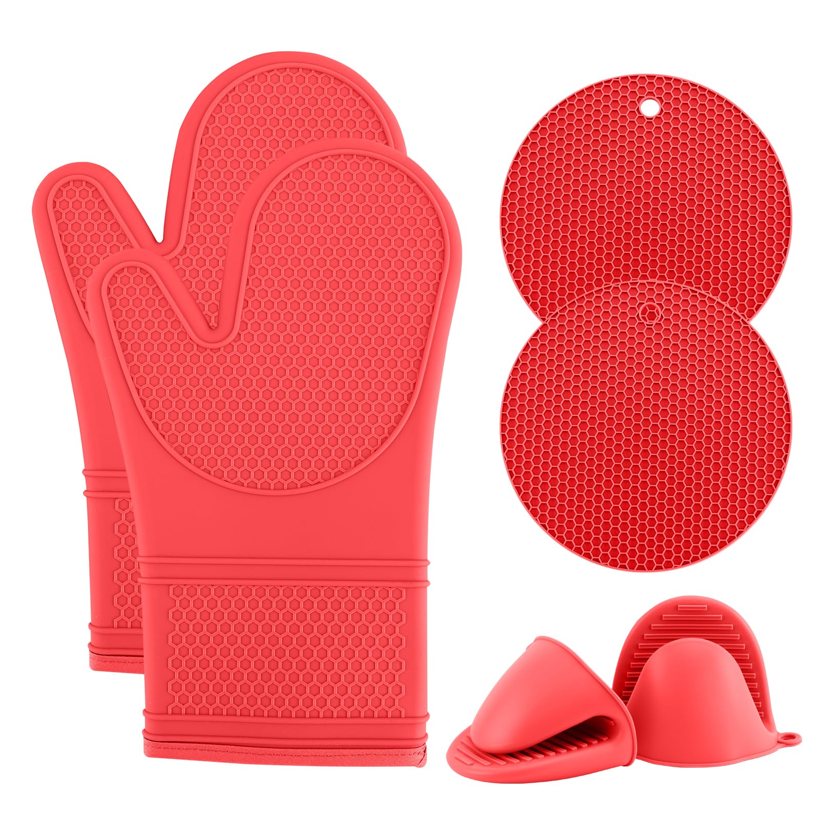 Cook With Color Silicone Oven Mitts- Heat Resistant Gloves With Soft Quilted Lining Oven Mitt Pot Holders For Cooking And Bbq, R