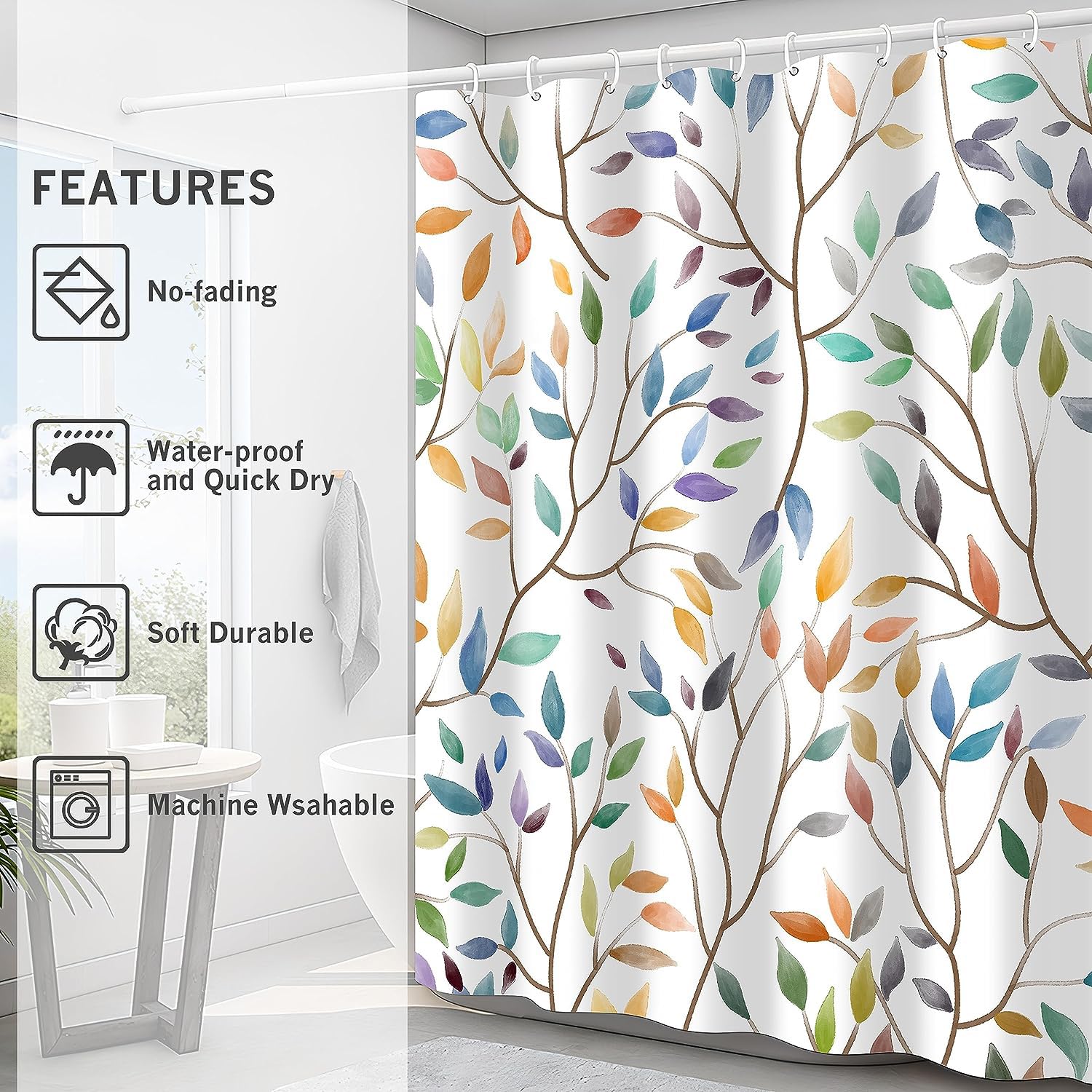 Jwxcbim Boho Leaf Floral Shower Curtain, Spring Summer Modern Colorful Botanical Leaves Bohemian Fabric Shower Curtain Set With
