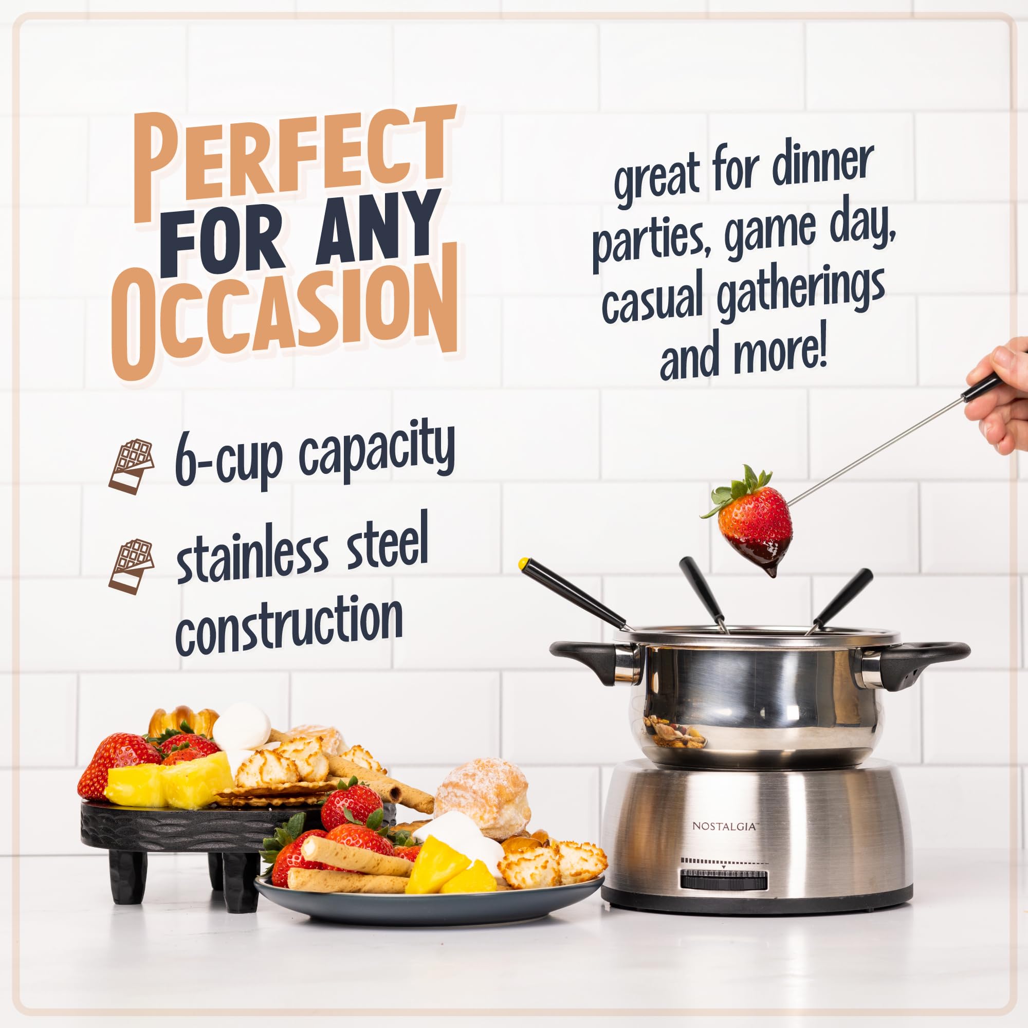 Nostalgia 6-Cup Electric Fondue Pot Set - Stainless Steel, Temperature Control, 6 Color-Coded Forks, Model FPS200