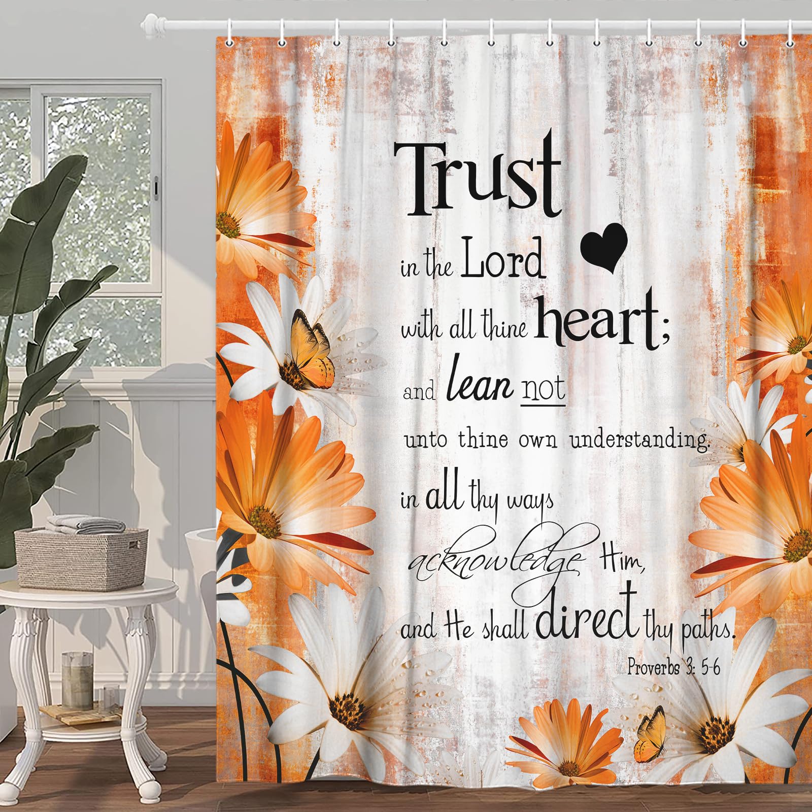 Rustic Farmhouse Orange Shower Curtain Bible Verse Inspirational Shower Curtain Country Farm Yellow Fall Daisy Flowers Butterfly