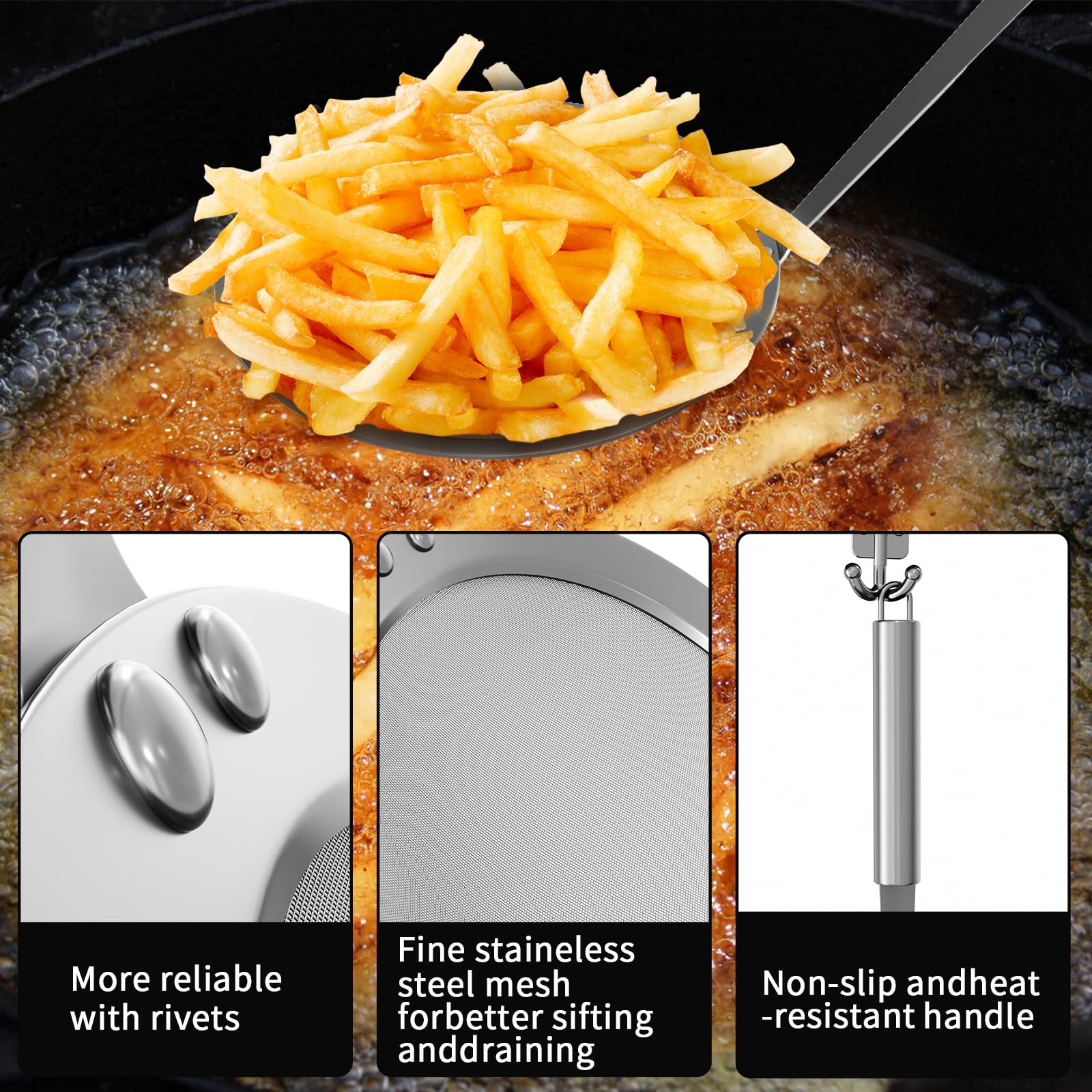 Newness Fine Mesh Skimmer Spoon, Professional 304 Stainless Steel Hot Pot Fat Strainer For Oil Filter Skimming Grease And Foam,