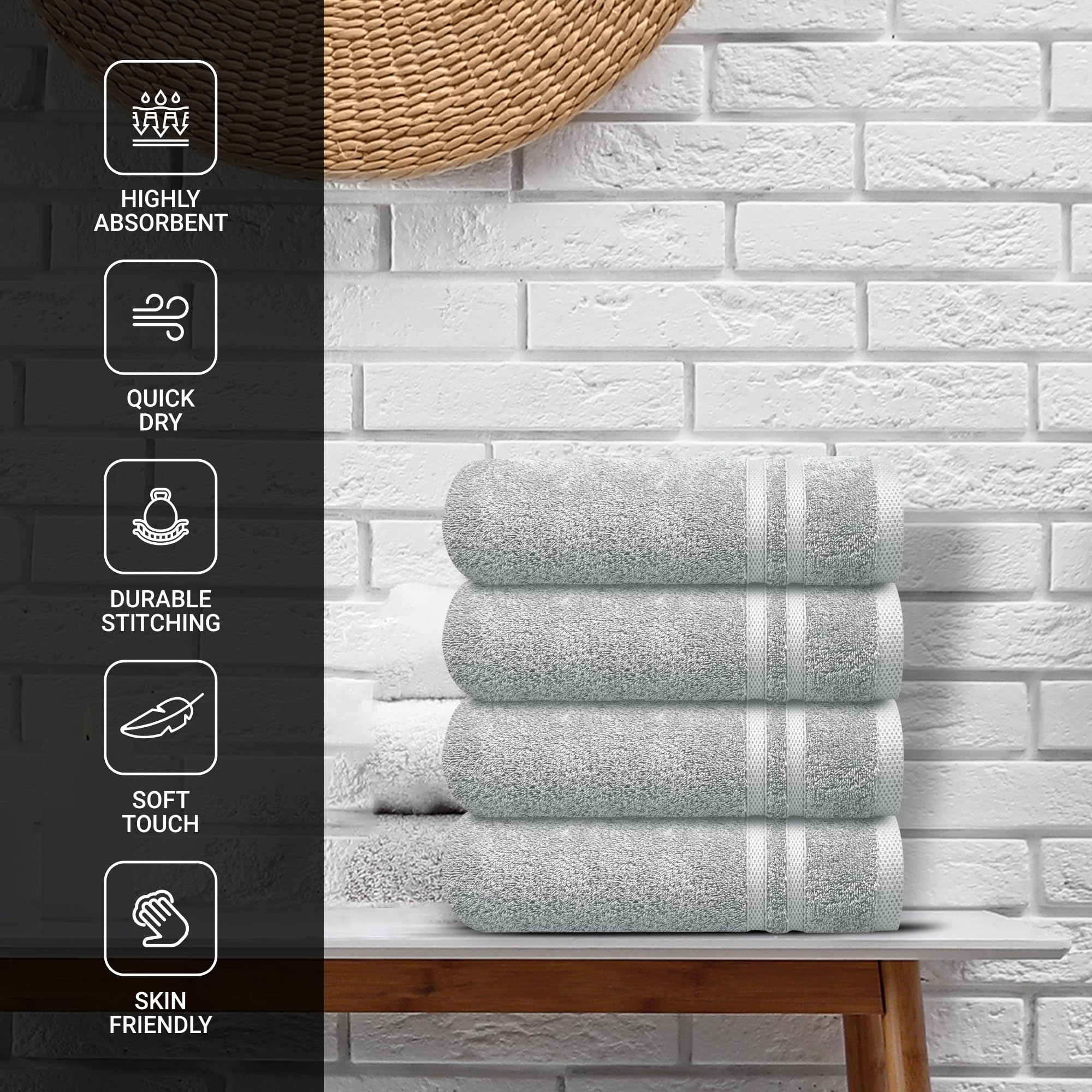 Infinitee Xclusives Grey Hand Towels Set Of 4 (16X28 Inches) - 100% Turkish Cotton Ultra Soft And Highly Absorbent Hotel Quality