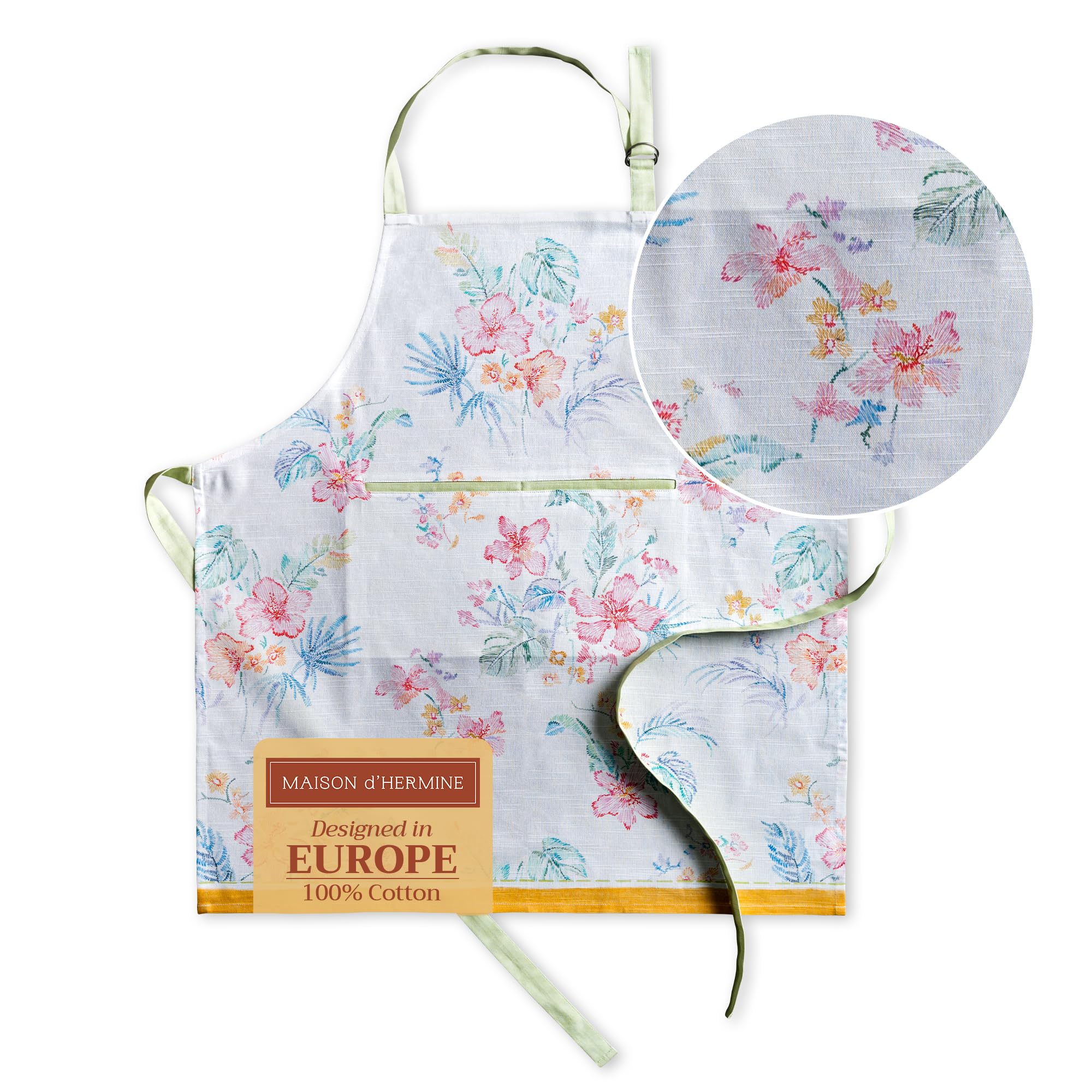 Maison d ' Hermine Apron 100% Cotton 27.50 ''x31.50 '' 1 Piece Adjustable Neck Strap Cloth Apron with Center Pocket for Gifts  Chef  Women & Men  Wedding  Paradise Island - Spring/Summer