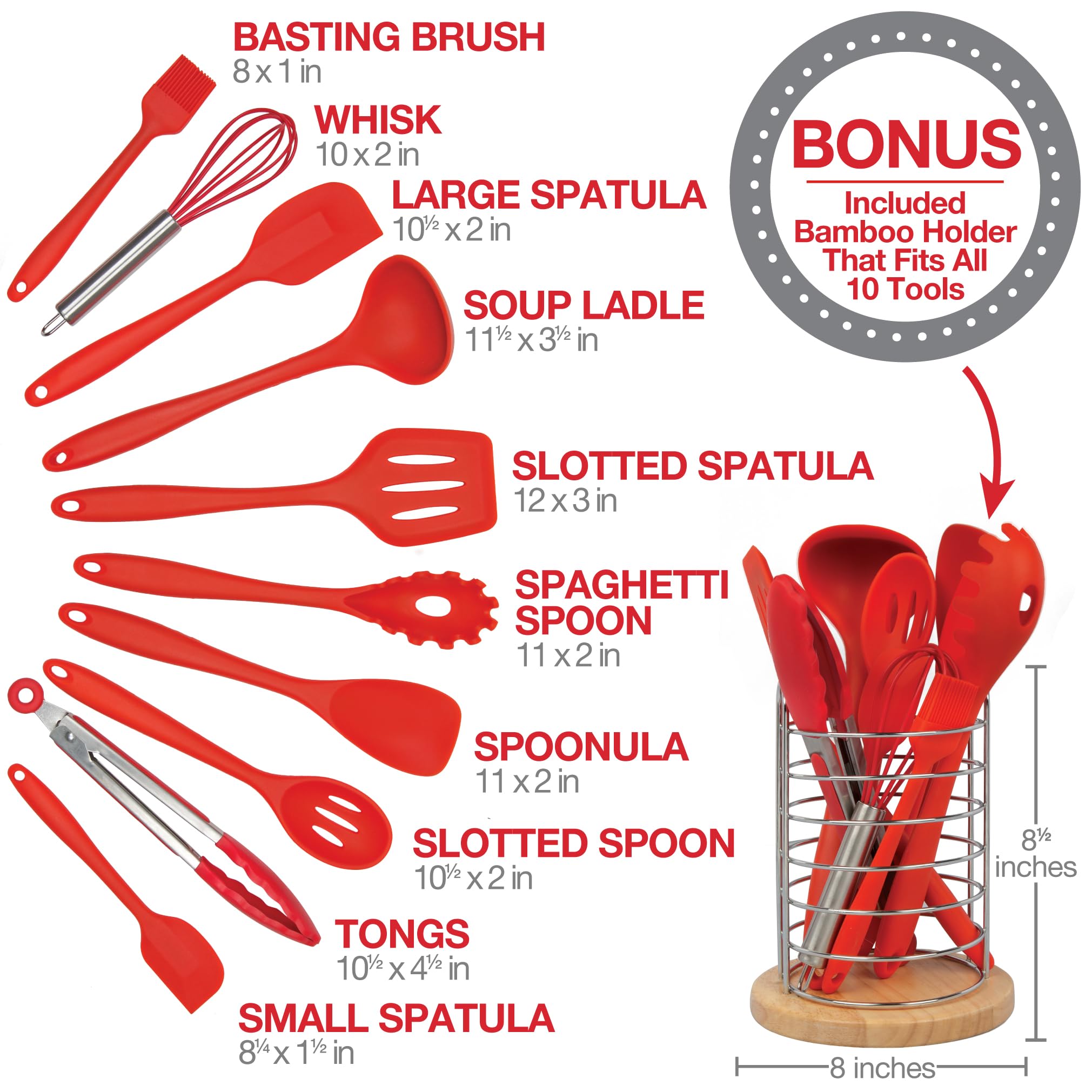 Silicone Kitchen Cooking Utensils W Bamboo Holder- 10 Pc Gourmet Non-Stick, Heat Resistant, Premium Kitchen Tools Set- Spatula,