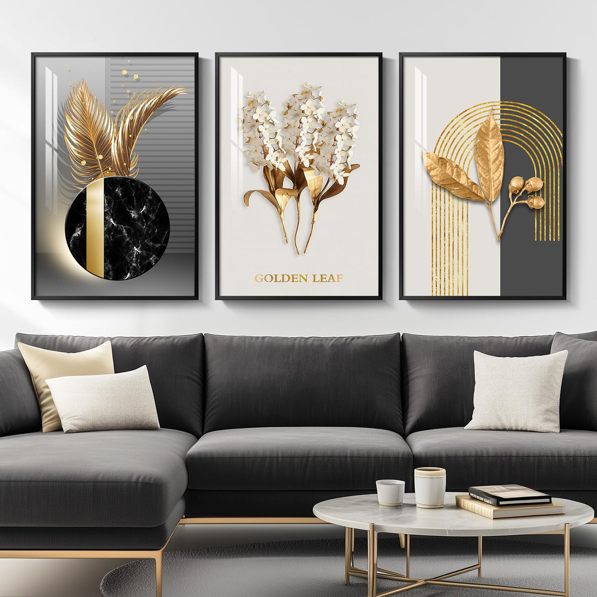Framed Modern Luxury Large Wall Art For Living Room, Set Of 3 Piece Black White Gold Contemporary Abstract Paintings Artwork For