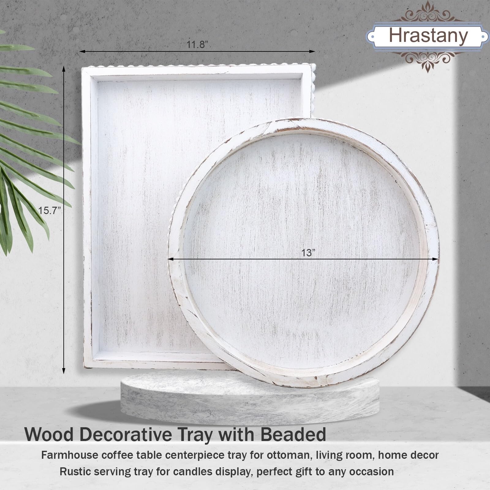 Hrastany Round Wood Serving Tray With Beaded, 13    Rustic Wooden Decorative Coffee Table Tray For Centerpiece, Ottoman, Farmhou