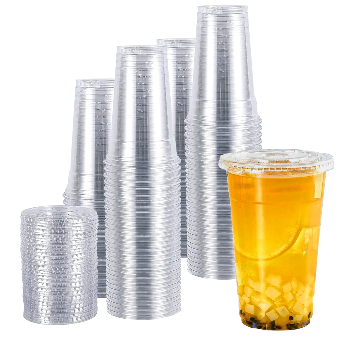 Tashibox Plastic Cups With Lids [24 Oz 100Cups&100Flat Lids],Clear Crystal Disposable Plastic Cups,Smoothie Cups