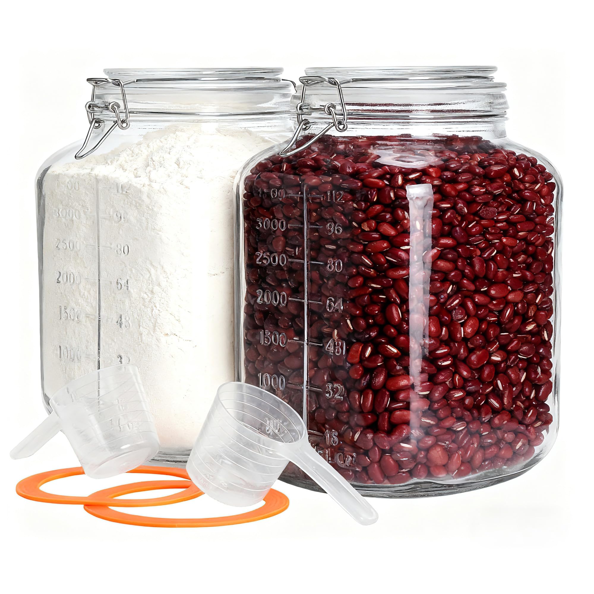 PUSCRIENO 2 Pack 1.1 Gallon Square Super Wide Mouth, Airtight Glass Storage Jars, with Measurement Marks, LeakProof Lids for Ki