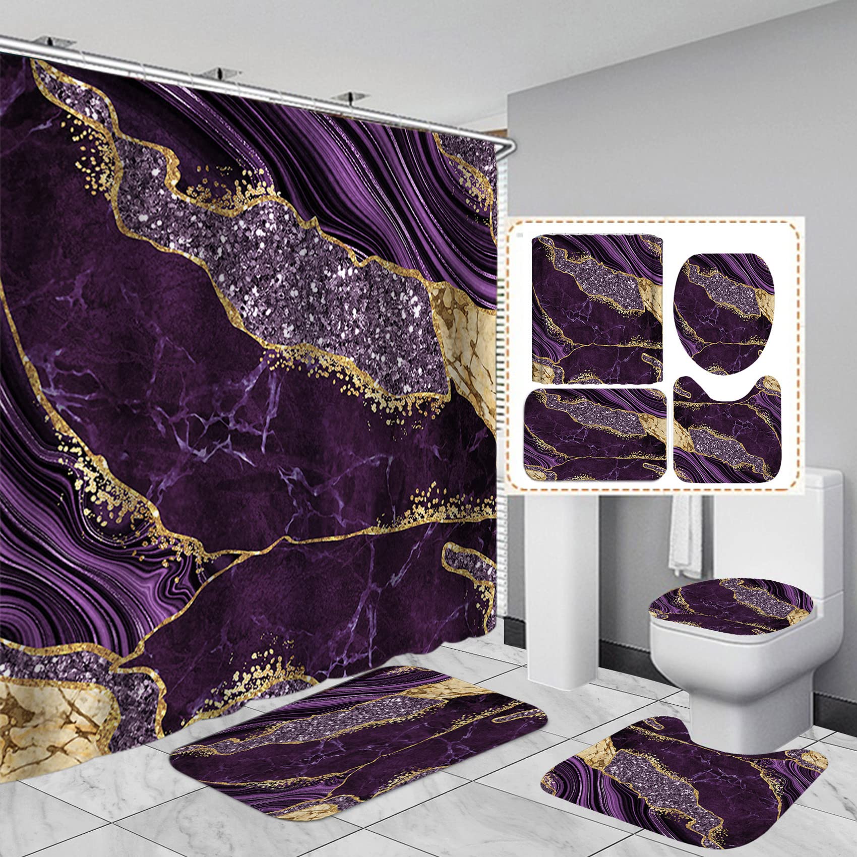 Emhome Marble Shower Curtain Sets, Modern Bathroom Sets With Shower Curtains, Toilet Lid Rug, Contour Mat And Bath Mat, Bathroom