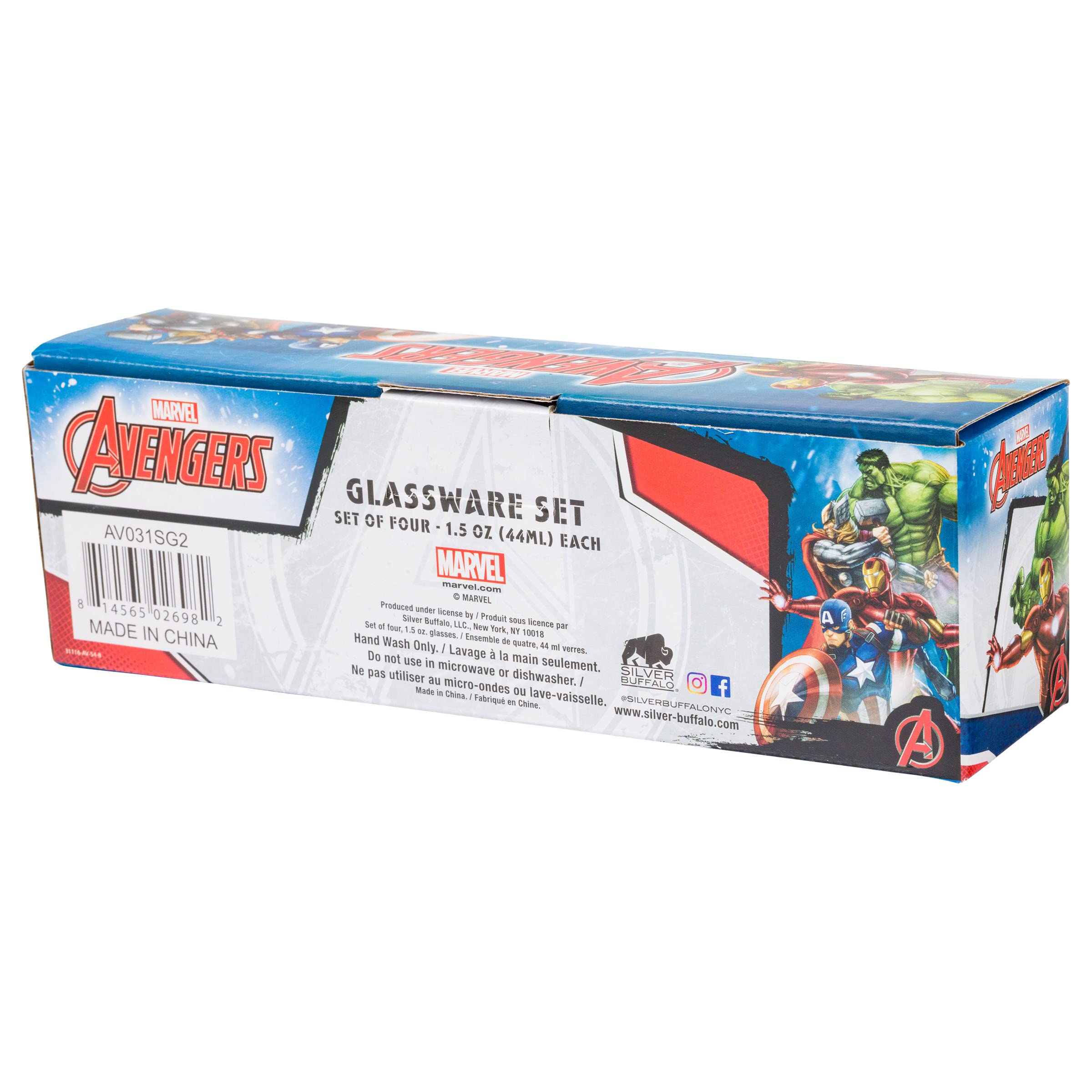 Silver Buffalo Marvel Avengers Featuring Iron Man, The Hulk, Captain America, And Thor 4 Pack Mini Glasses, 1.5 Ounces