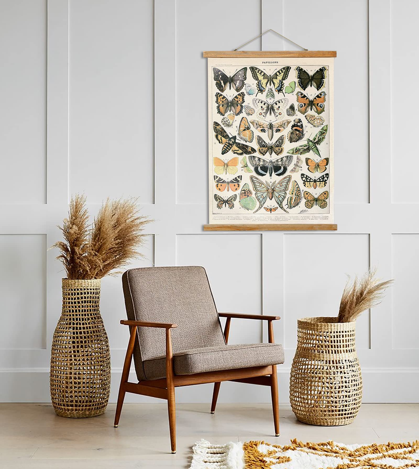 Ovfovy Vintage Butterflies Poster Hanger Frame, Retro Style Of Wall Art Prints, Printed On Linen With Natural Wooden Frames, Ill