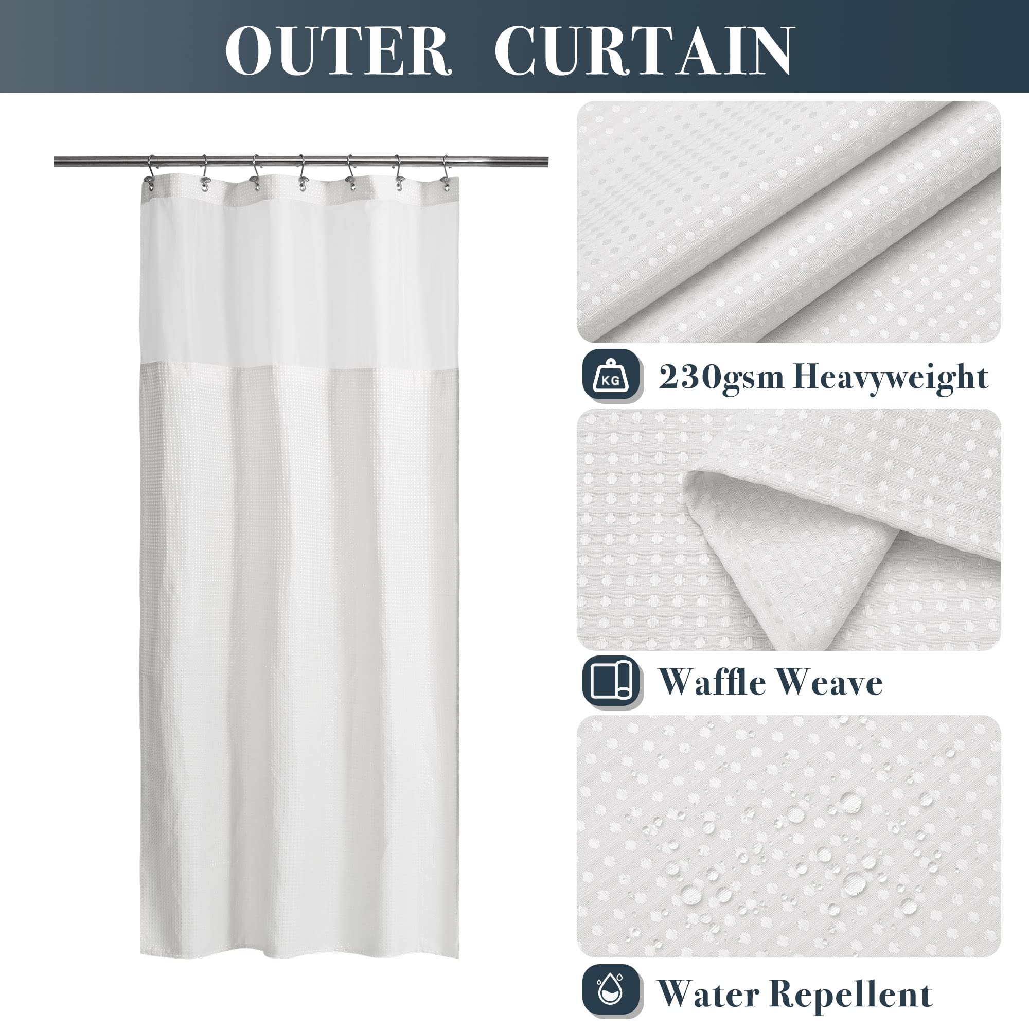 N&Y Home Stall Waffle Weave Shower Curtain With Snap-In Fabric Liner & Hooks Set - 36'' X 72'' Small Shower Stall Size, Hotel St