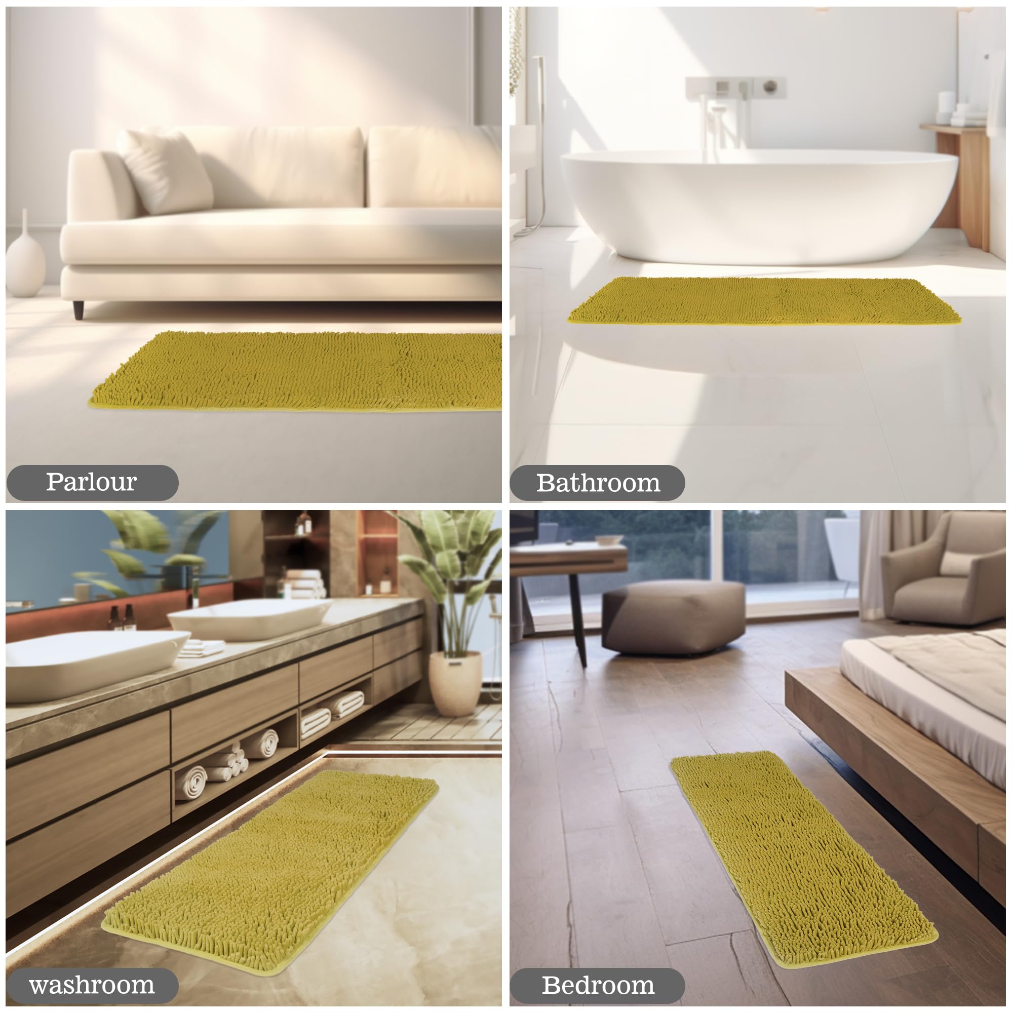 Yeaban Mustard 47 X 17 Bathroom Rug - Thick Chenille Bath Mats | Absorbent And Washable Bath Rug Non-Slip, Plush And Soft Rugs F