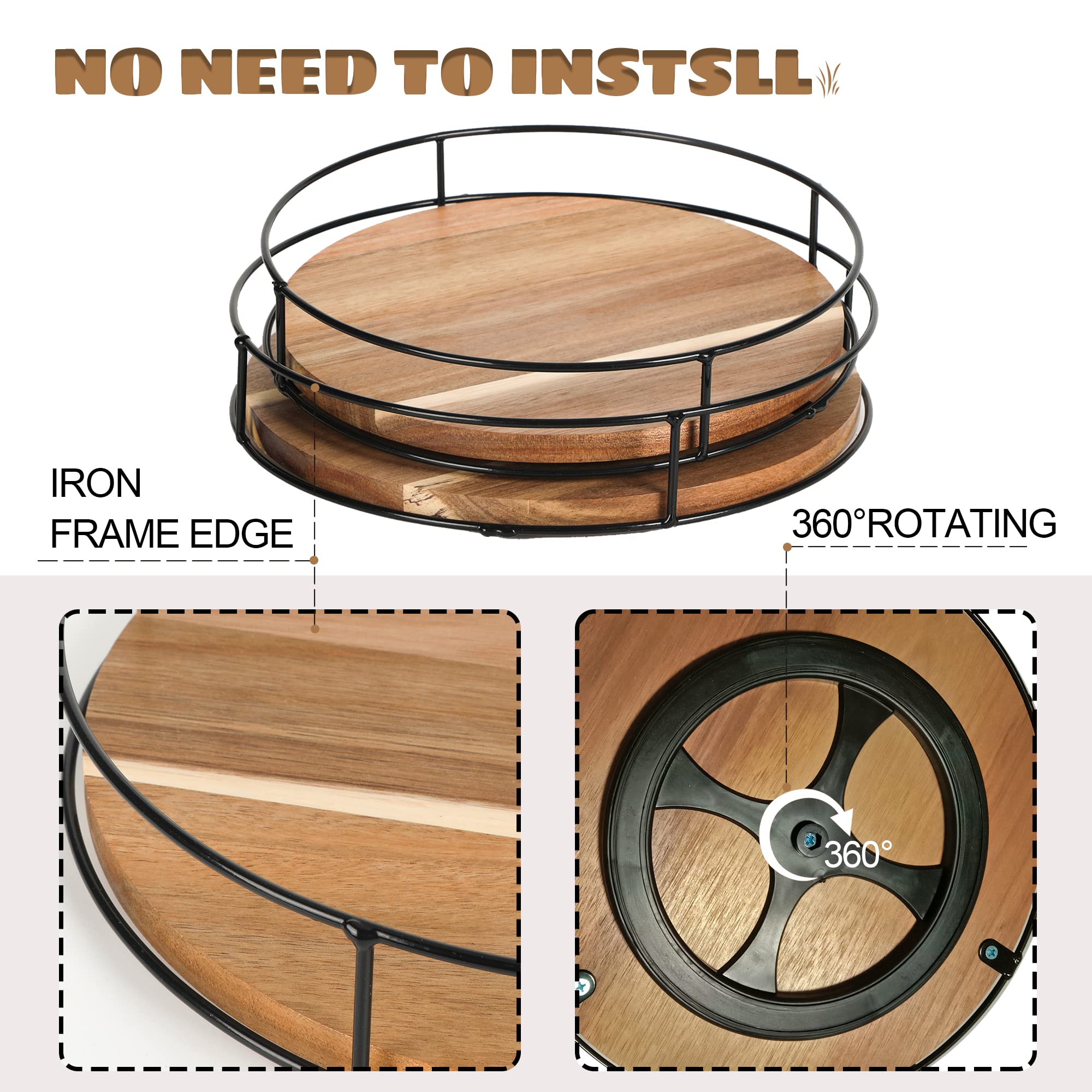 [ 2 Pack ] 11 '' & 12 '' Acacia Wood Lazy Susan Organizers With Steel Sides, Lazy Susan Turntable For Cabinet, Kitchen Turntable