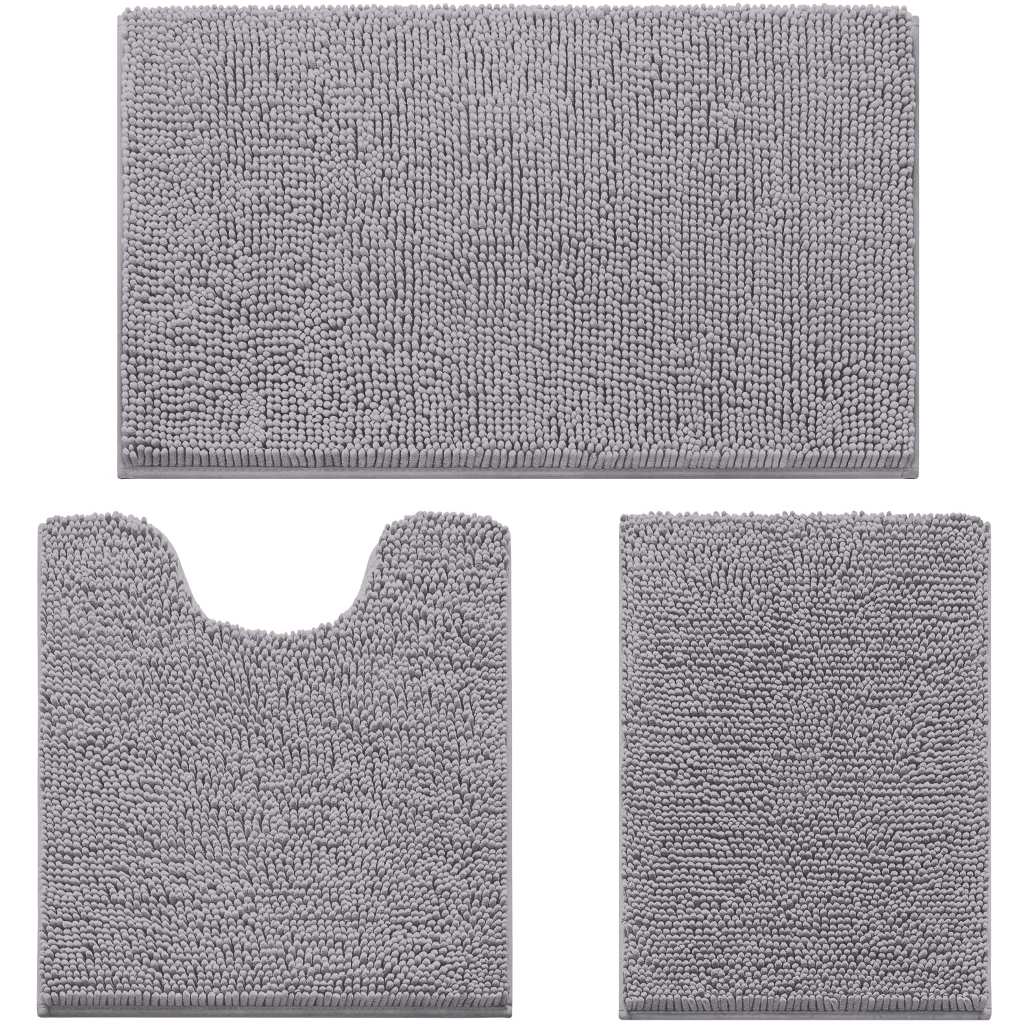 HOMEIDEAS 3 Pieces Bathroom Rugs  Ultra Soft Non Slip Absorbent Chenille Toilet Bath Mat Set (Grey)
