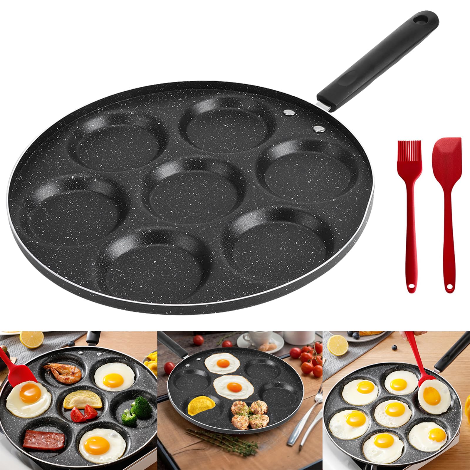 Mlijzard Aluminum Egg Frying Pan,Fried Egg Pan,Nonstick Crepe Pan 7 Mold,Egg Cooker Pan,Breakfast Omelet Pan With Spatula And Br