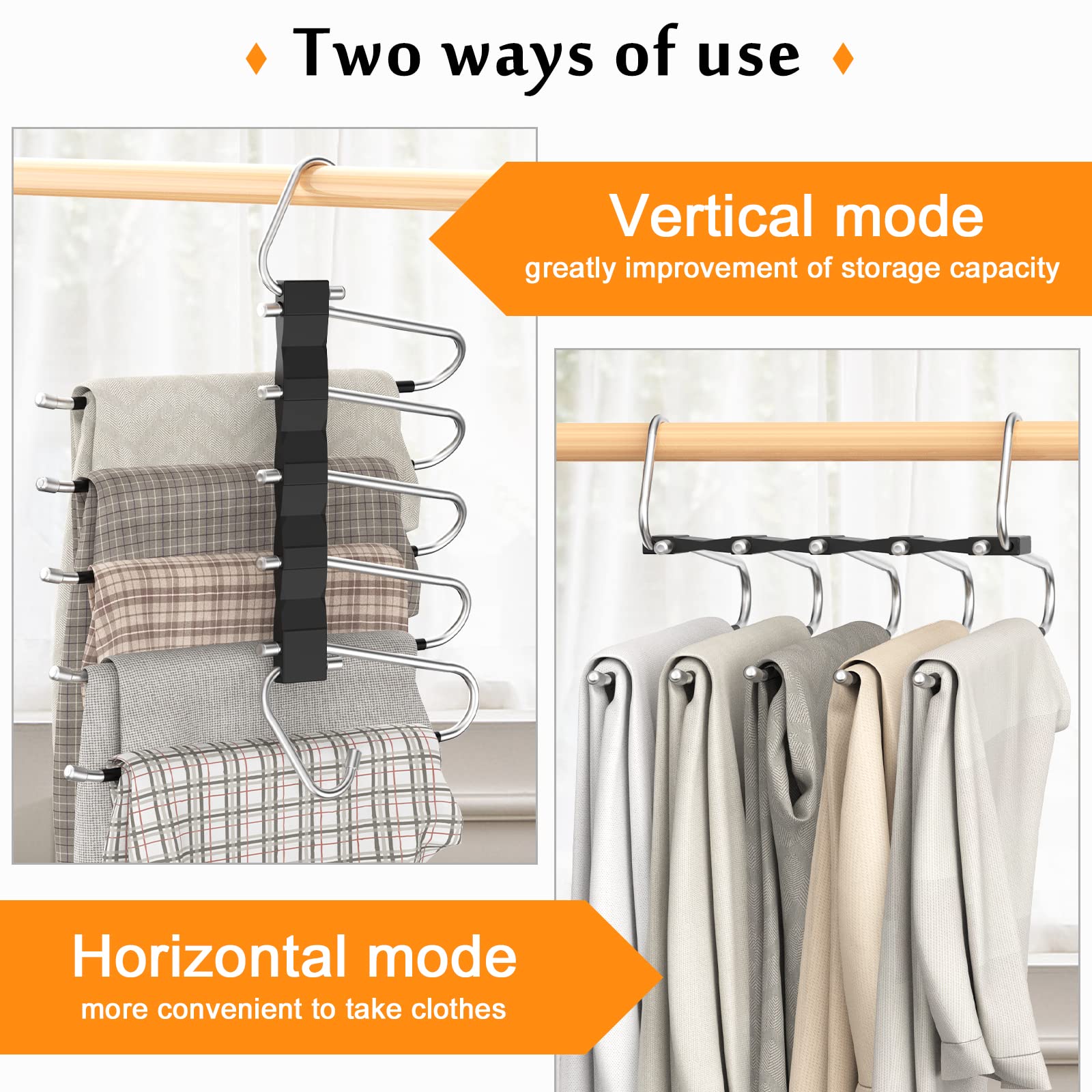 Loretoy 3 Pack Pants Hangers Space Saving, Anti-Slip Multi-Functional Pants Rack, Thickened Stainless Steel Tube With 15 Metal C