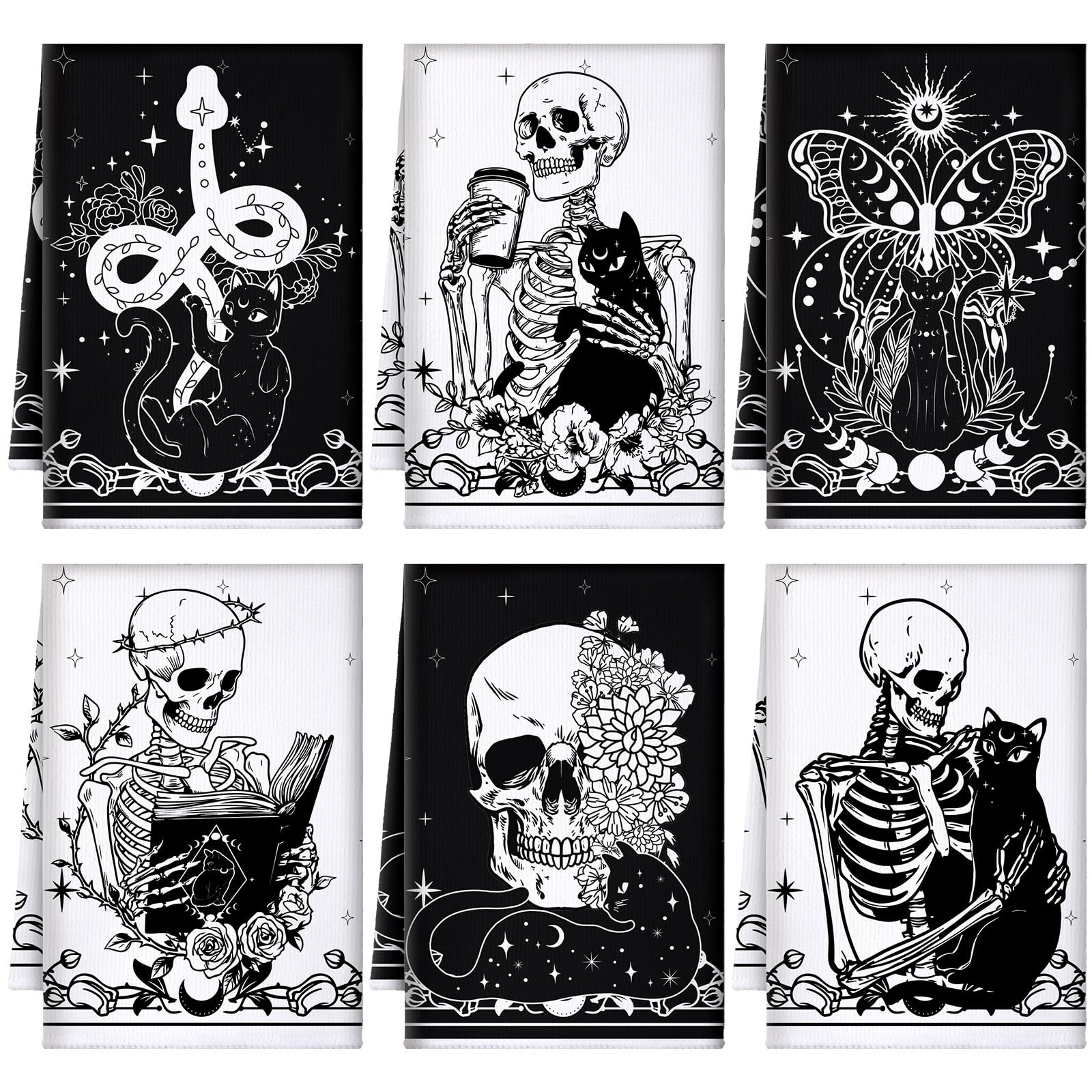 Bencailor 6 Pcs Christmas Skull Kitchen Towels Gothic Spooky Christmas Dish Hand Towels Black Cat Skeleton Tea Washcloth for Hor