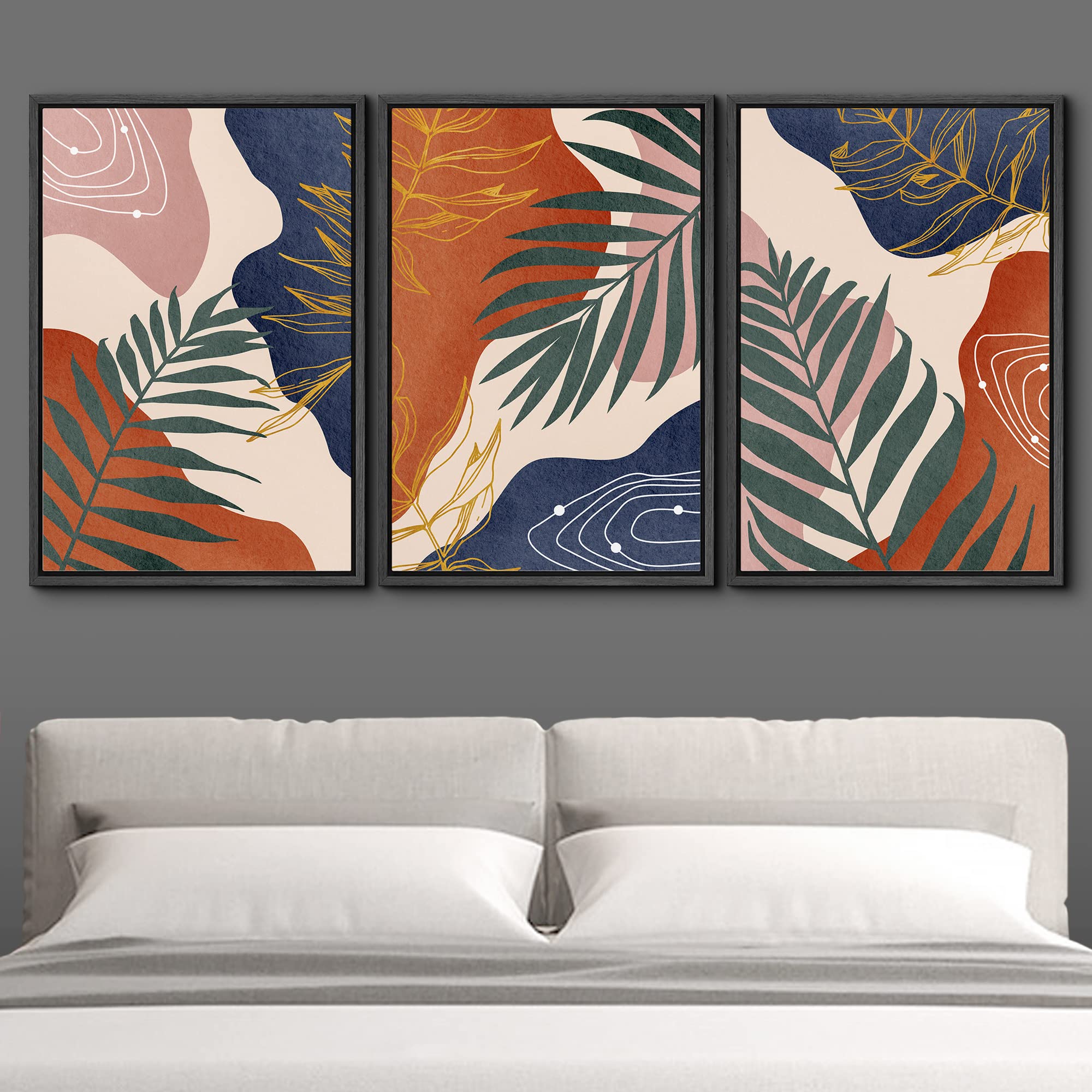 Idea4Wall Framed Wall Art Print Set Tropical Geometric Jungle Palm Leaves Nature Wilderness Illustrations Modern Decorative Rela