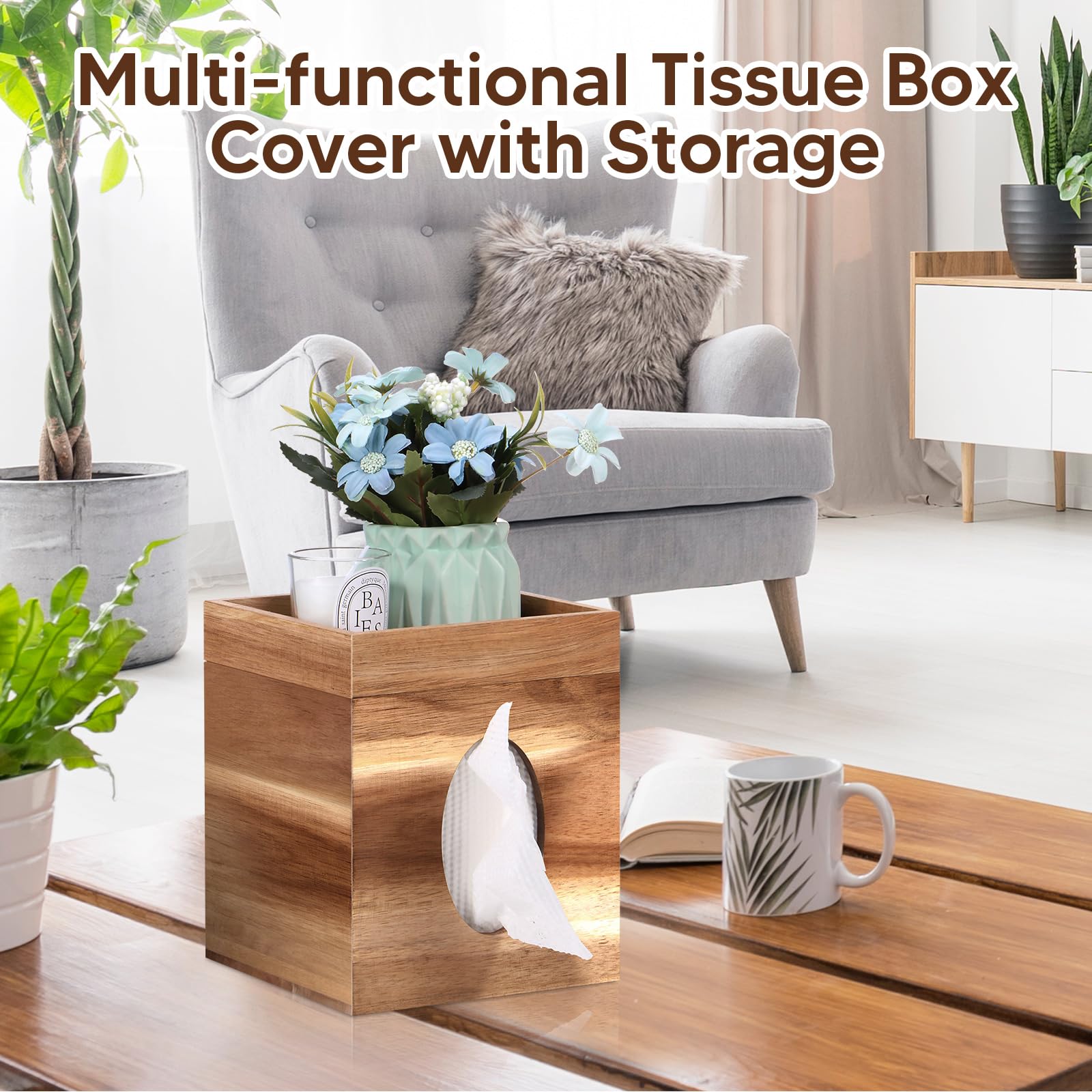 Tissue Box Cover, Wood Tissue Box Cover With Storage Tray Square Tissue Box Covers Holder For Bathroom, Bedroom, Dinner Table, O