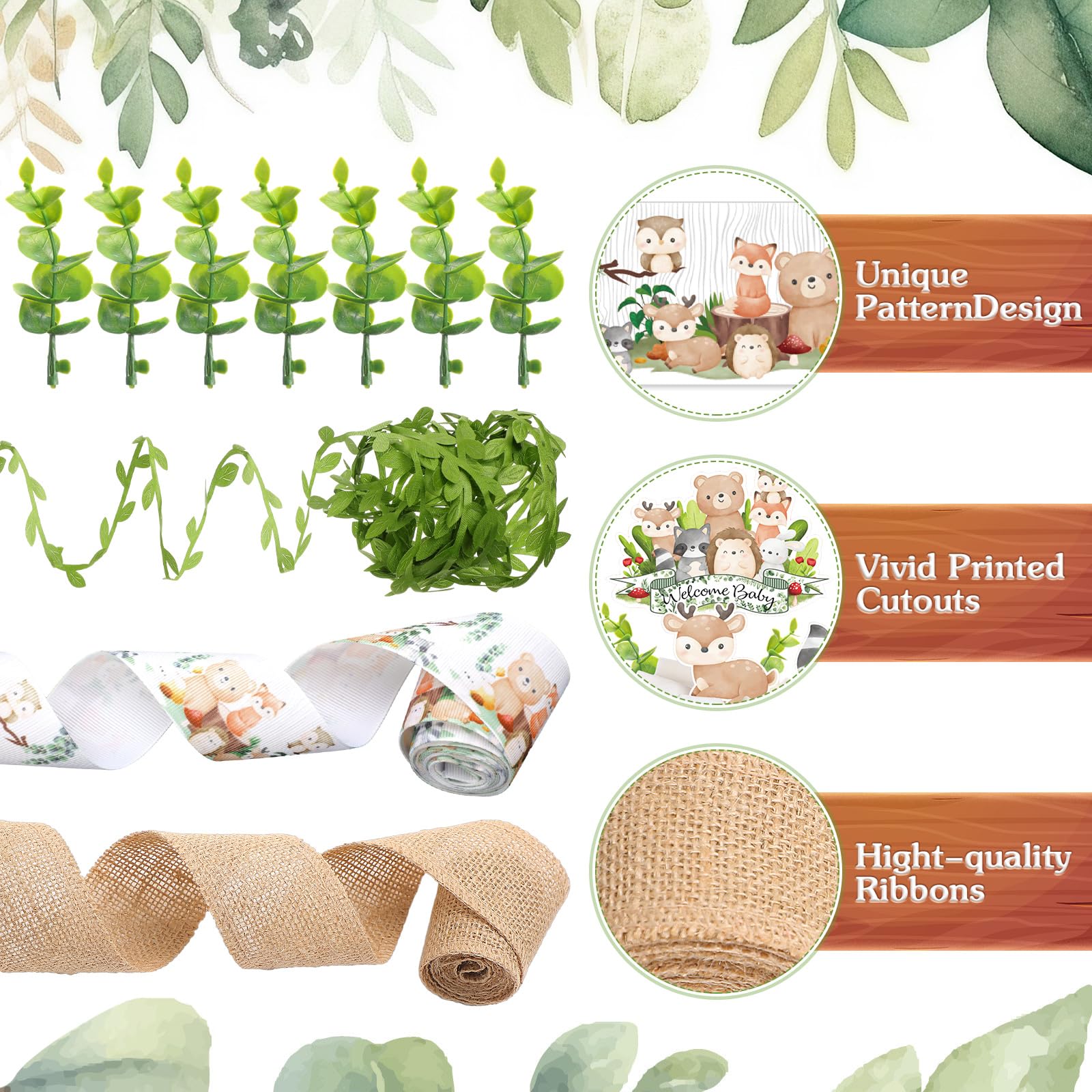 MotiMind Woodland Baby Shower Decorations DIY Diaper Cake Kit with Neutral Forest Animal Burlap Sage Green Leaf Ribbon Leaves We