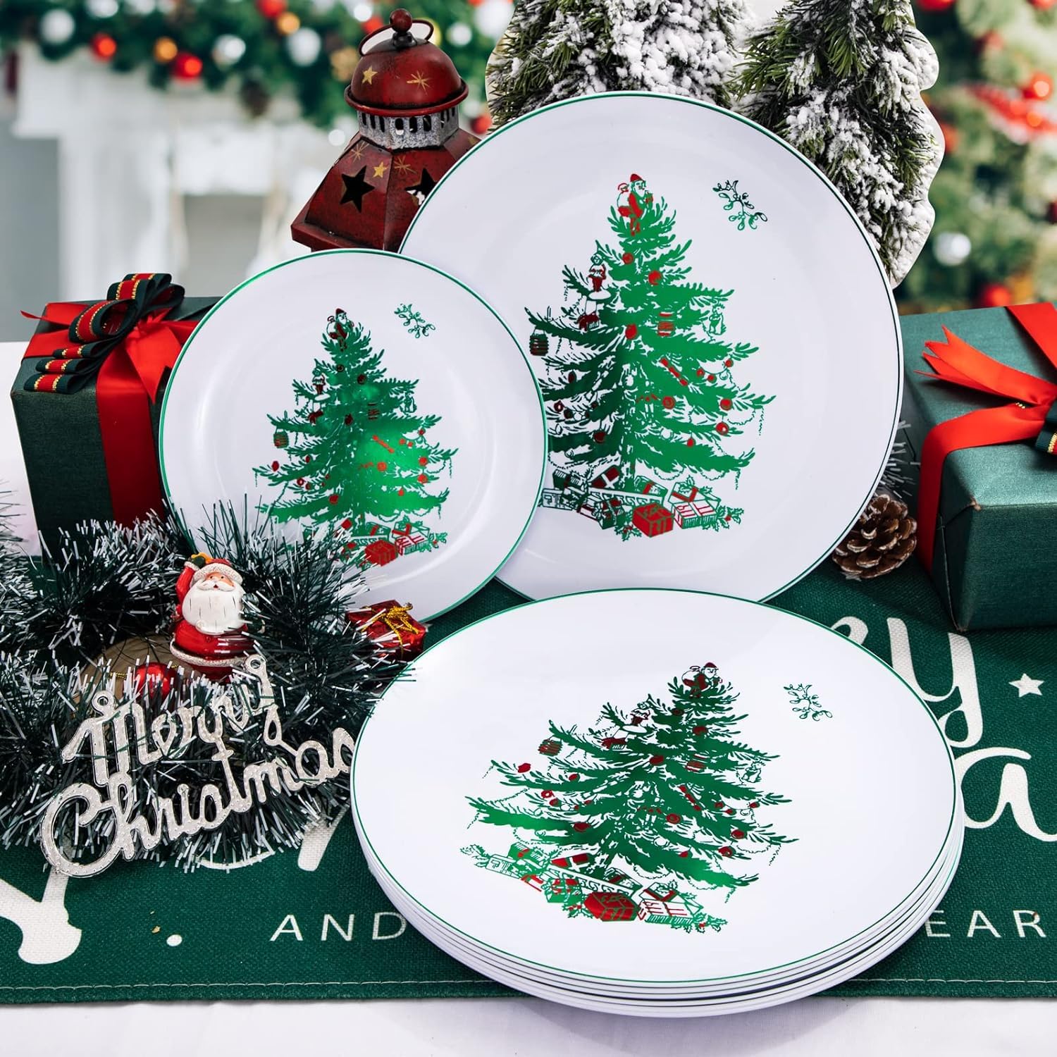 Rubtlamp 60PCS Christmas Plastic Plates, White Disposable Plates with Green christmas Tree, Fancy christmas Party Plastic Plate