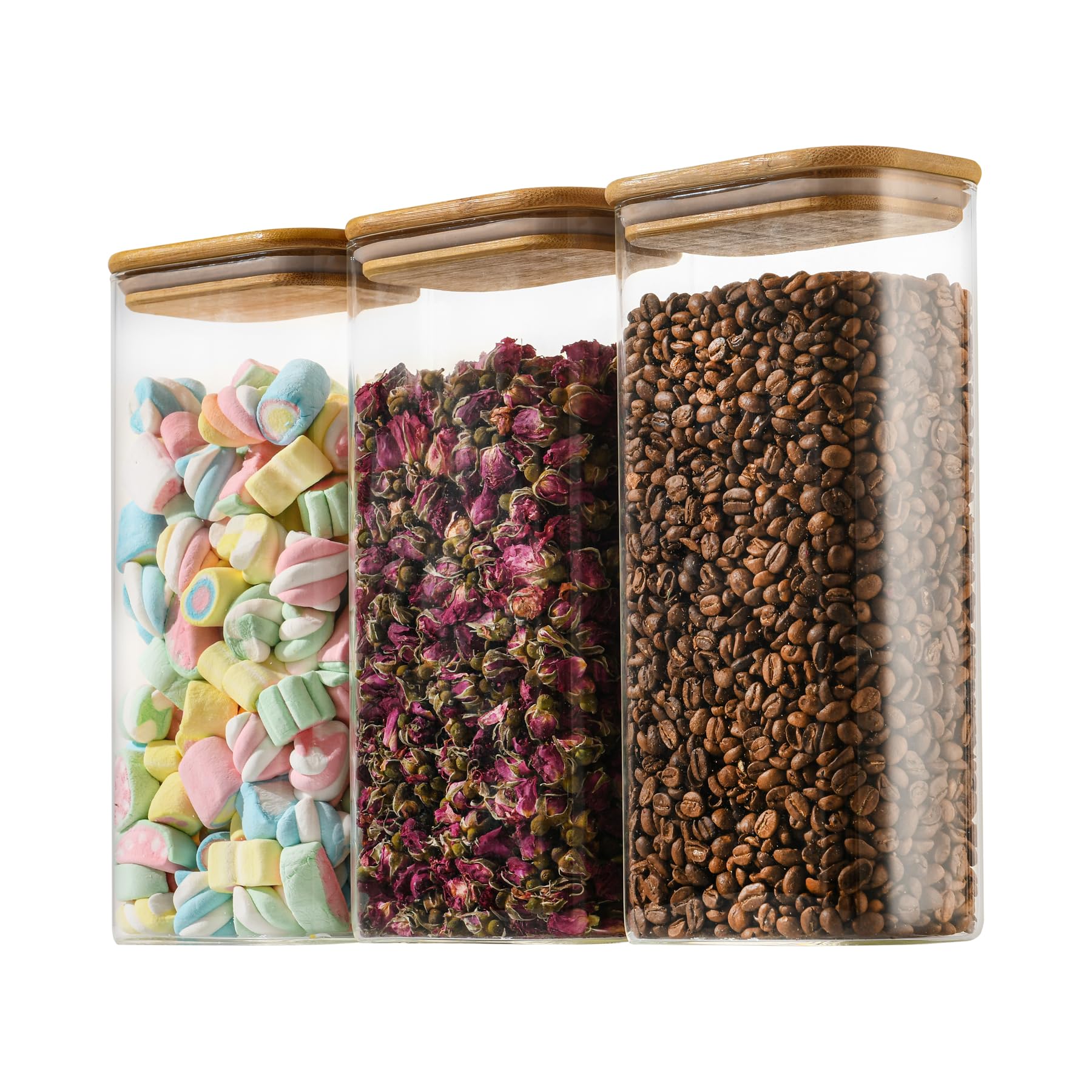 D2scrma 64oz Rectangle Airtight Glass Storage Containers with Bamboo Lids (Set of 3), Square Food Storage Jar, Pantry Organizers