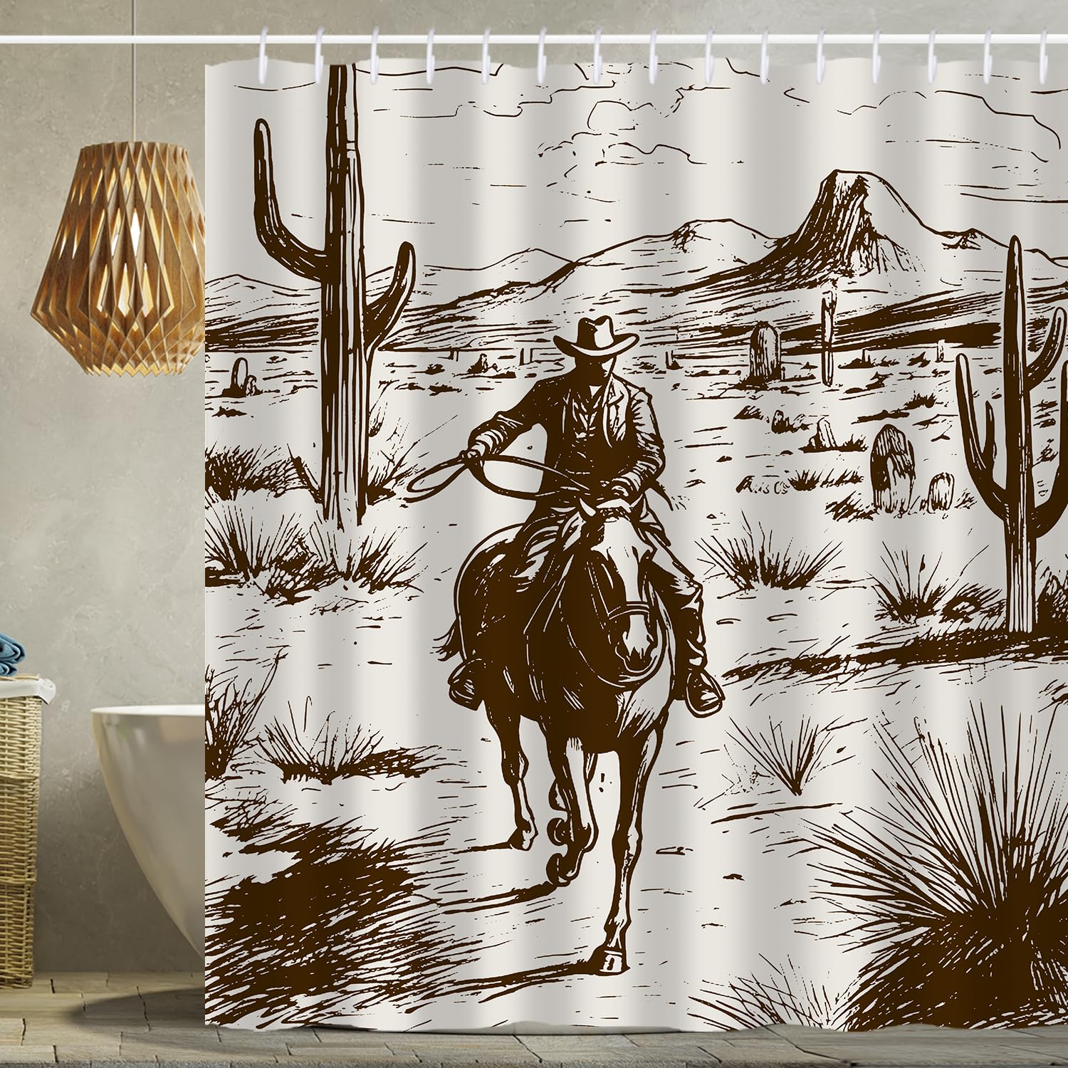 She Love Western Cowboy Shower Curtain Cowboy Riding Horse In Desert Retro Rustic Cactus Vintage Farmhouse Shower Curtain With H