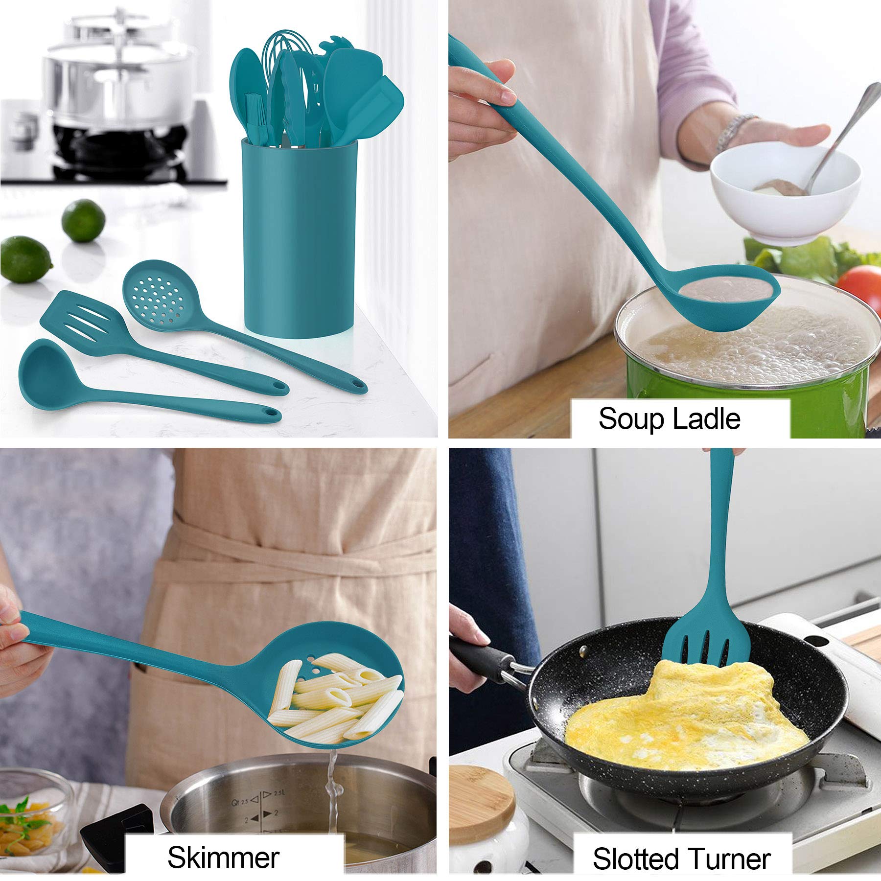 Lianyu 12-Piece Silicone Kitchen Cooking Utensils Set With Holder, Kitchen Tools Include Slotted Spatula Spoon Turner Ladle Tong