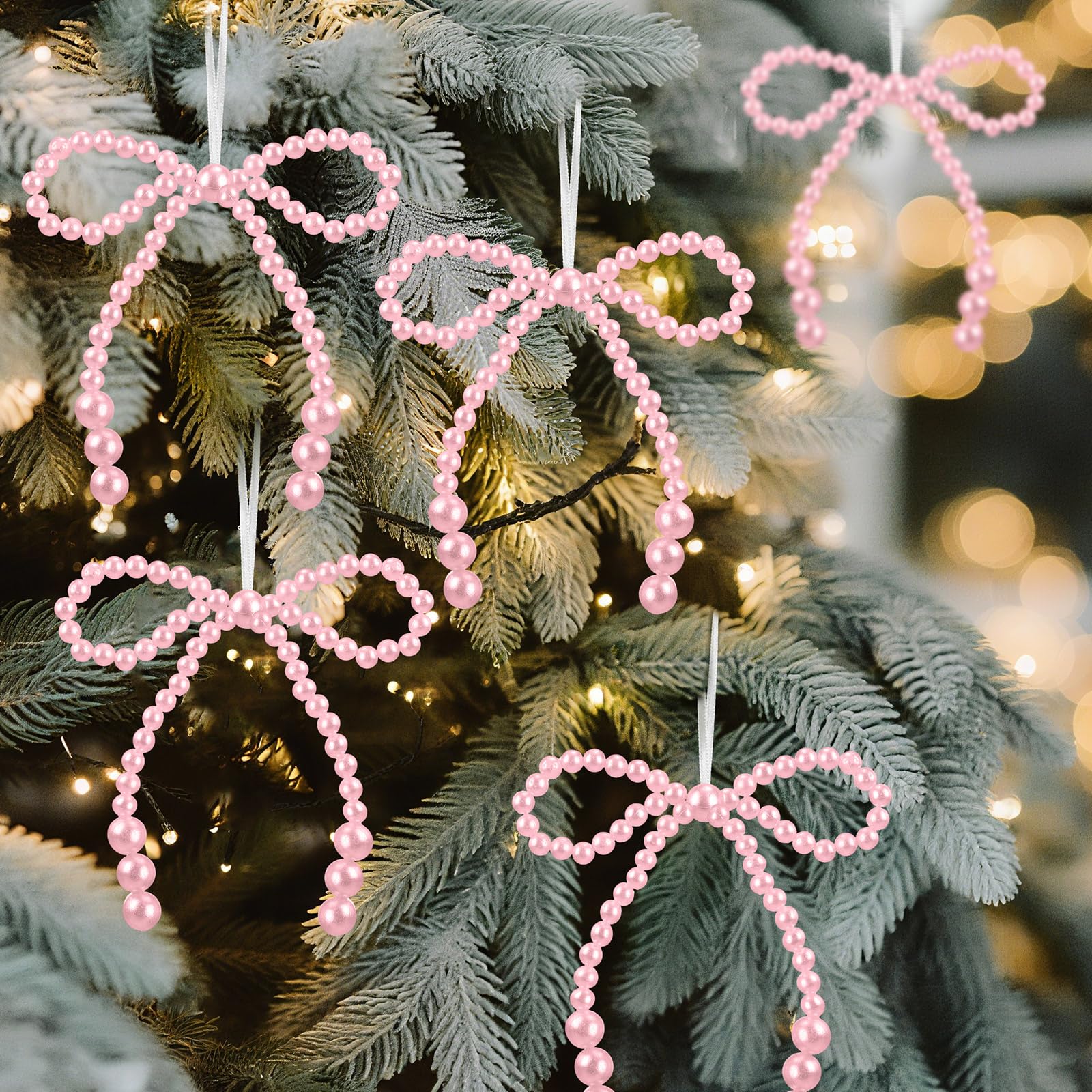 VioraWhite 12 Pcs Pearl Bow Christmas Ornaments Bowknot Tree Topper Decor Xmas Hanging Ornament Pendant Decoration Gift for Wedd